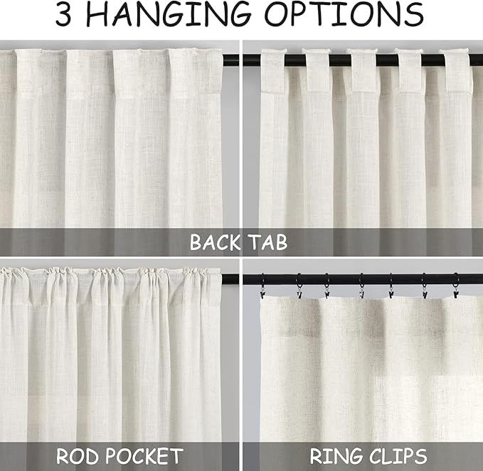Nanspring Cafe Linen Curtains 30 Inch Length for Kitchen Windows Over Sink, Cream Natural Semi Sheer Light Filtering Back Tab and Rod Pocket Drapes for Small Window 34 x 30 Inch,2 Panels