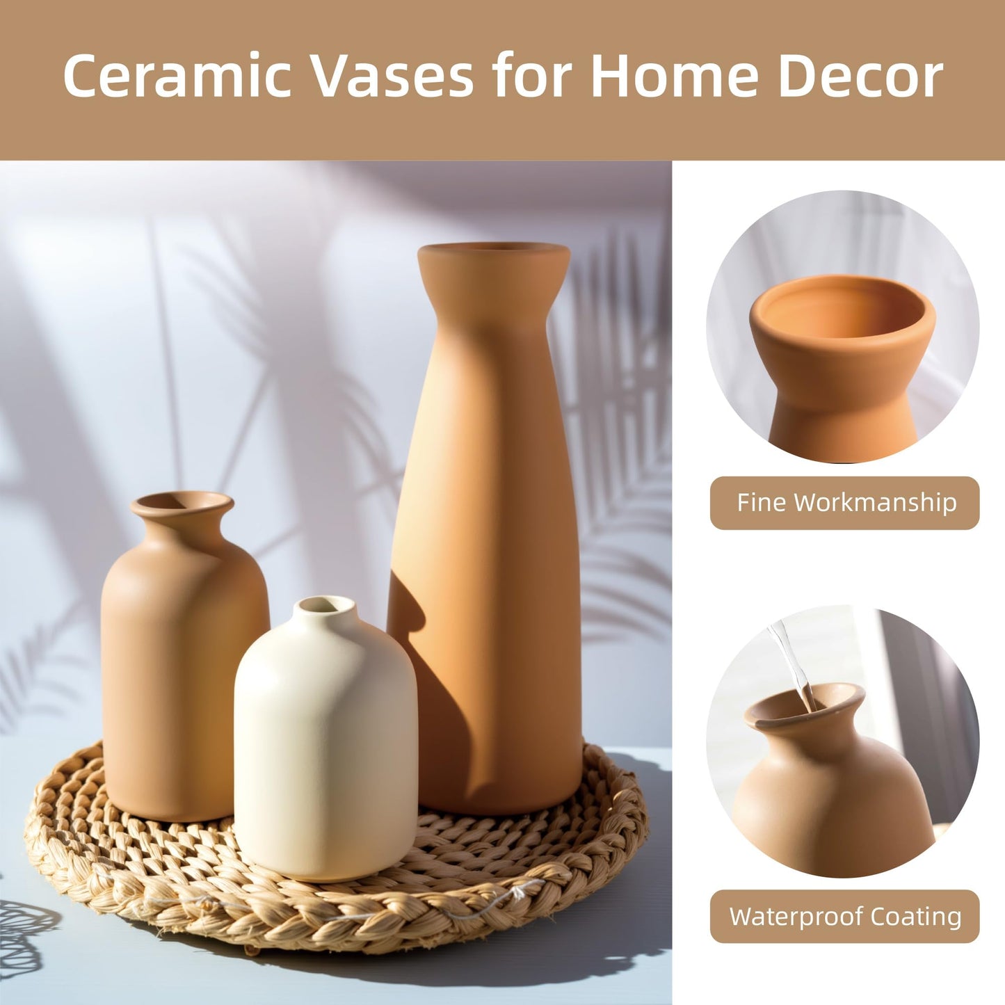 OUWEDW Ceramic Small Vase Set of 3,Modern Boho Farmhouse Home Decor,Pampas Grass Vase,Minimalist Decor,for Entryway Table,Bookshelf,Living Room, Bedroom,Kitchen,Coffee Table Decoration