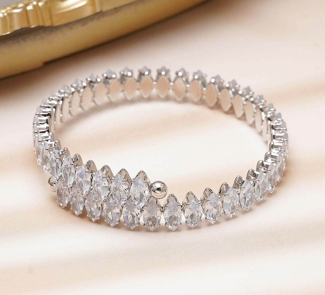 Wovanoo Rhinestone Cuff Bracelet Cubic Zirconia Tennis Bracelets Open Adjustable Bangle for Women Silver