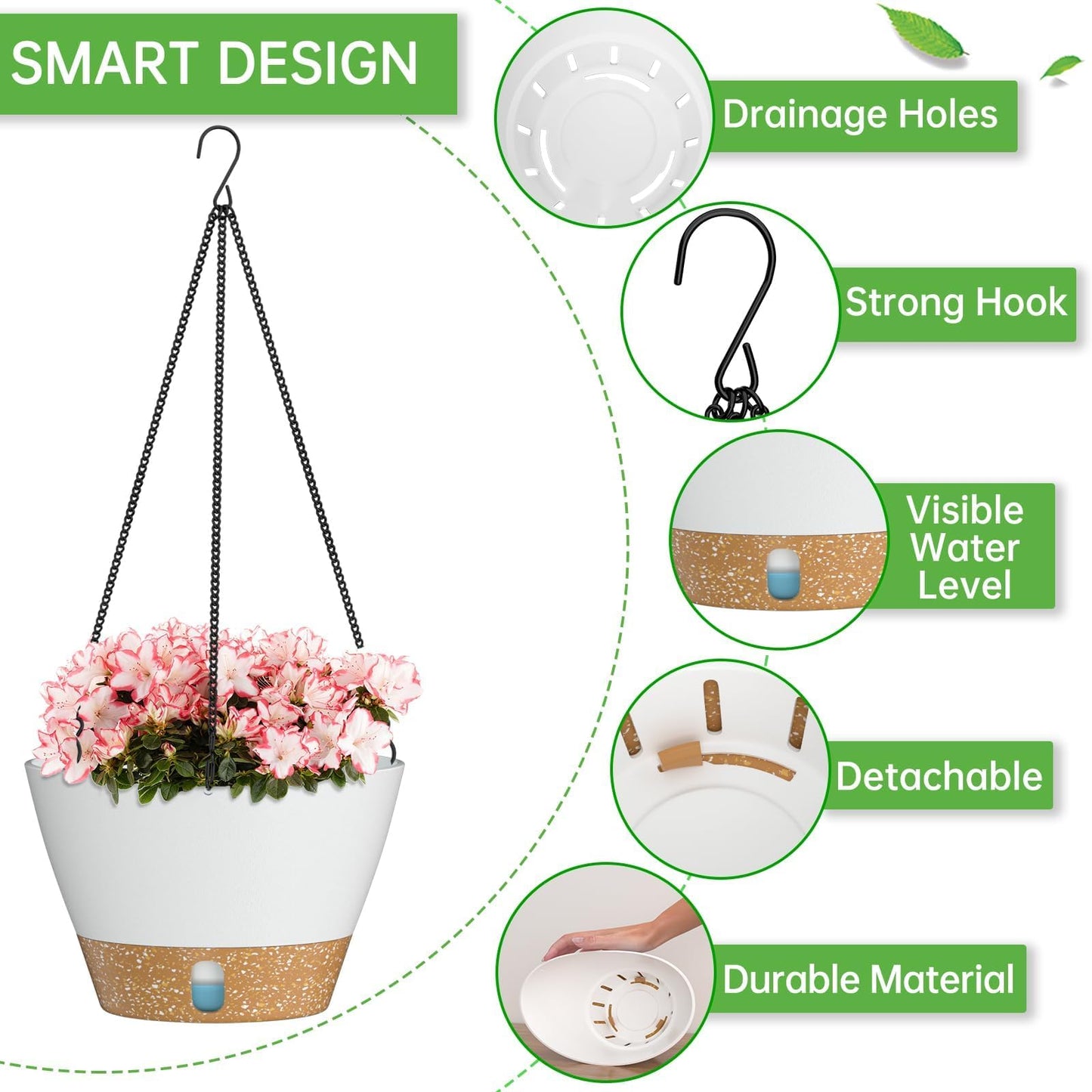 ZMTECH 2 Pack 10 Inch Hanging Planters for Indoor Plants, Modern White Hanging Planter with Visible Water Level Window & Metal Chain, Decorative Plant Hanger Indoor for Spring Balcony Decor