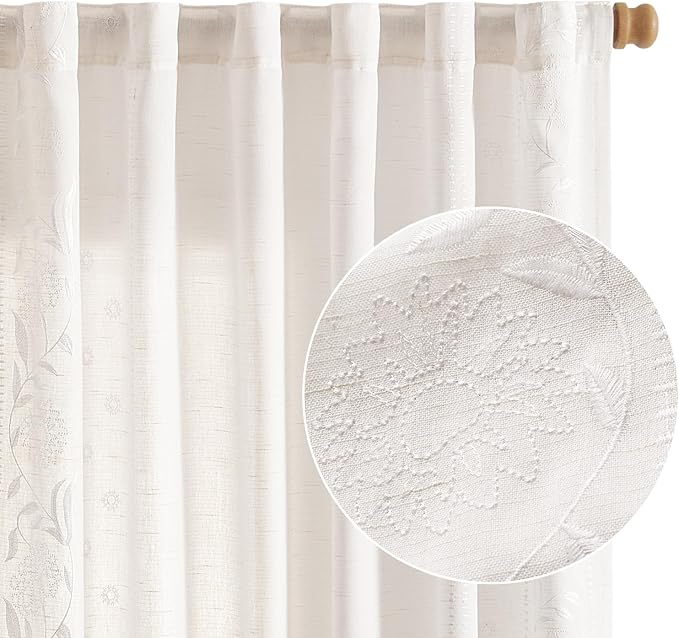 jinchan Winslow White Linen Curtains for Bedroom 108 Inches Length Embroidered Bordered Floral Curtains for Living Room Farmhouse Decor Light Filtering Window Treatments White on White Drapes 2 Panels