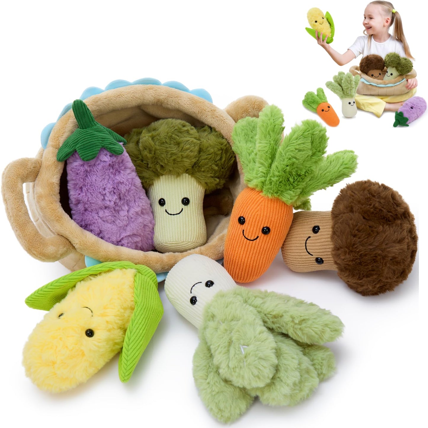 Tezituor 7 Pack Soft Vegetable Plushies Bulk for Easter Basket Veggie Stuffed Animals Interactive Toys Multi-Pack Food Playset Educational Plush Toy for Toddlers Party Favors Decor