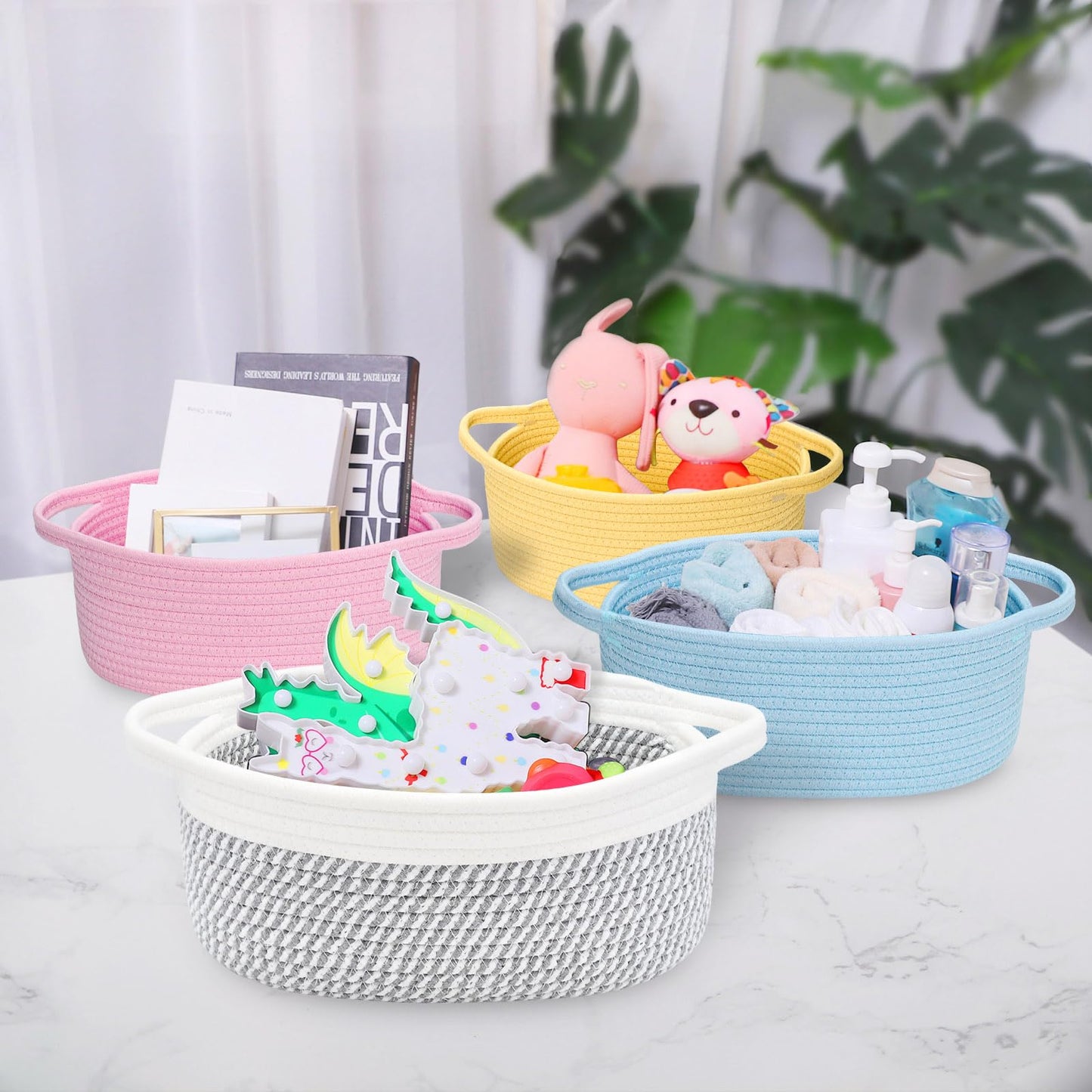 ABenkle Small Basket, 12"x 8" x 5" Cute Small Woven Basket, Rope Room Shelf Storage Basket, Cat Dog Toys Basket Chest Box, Decorative Empty Gift Basket with Handles