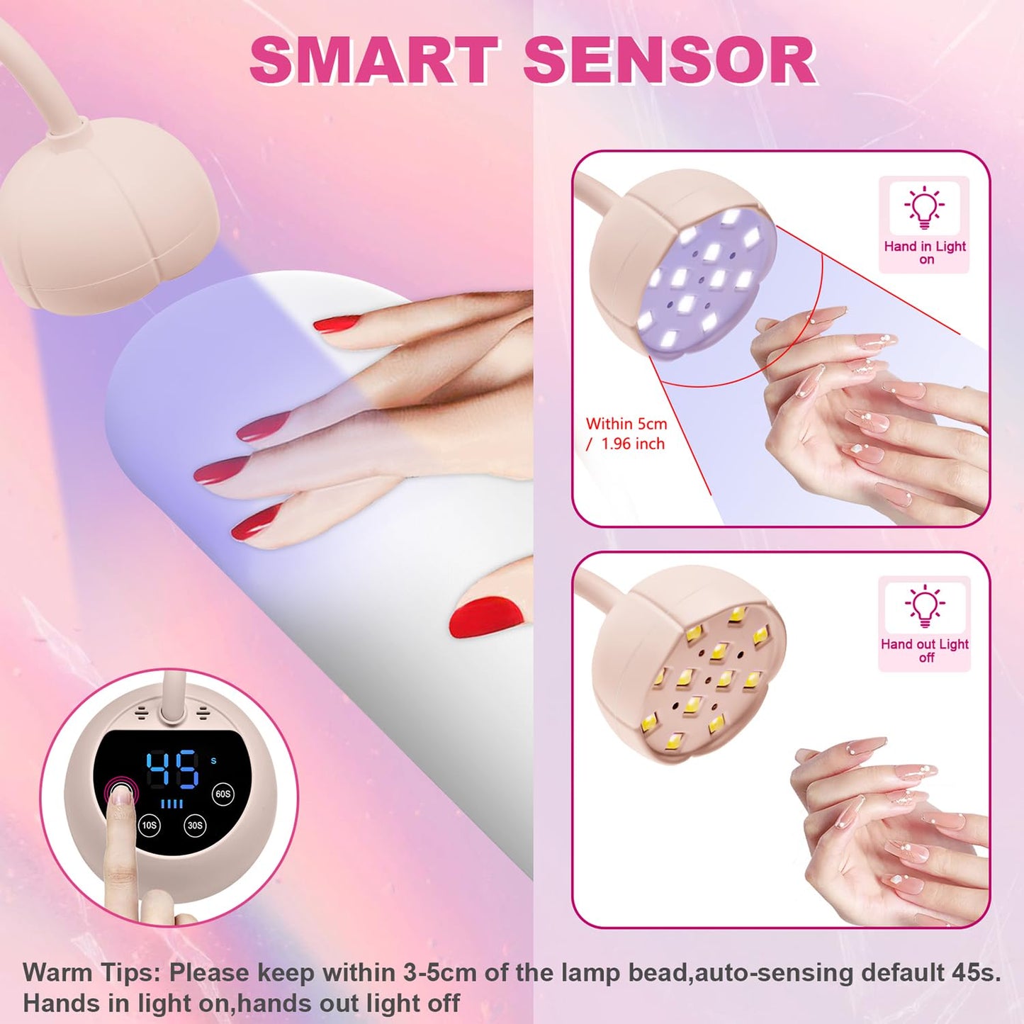 CGBE UV LED Nail Lamp, 36W Mini Cordless Flash Cure Lamp, USB Rechargeable Goosenecks LED Nail Light for Gel Nails with 4 Timers & Auto Sensor for Salon Home DIY Use, Pink
