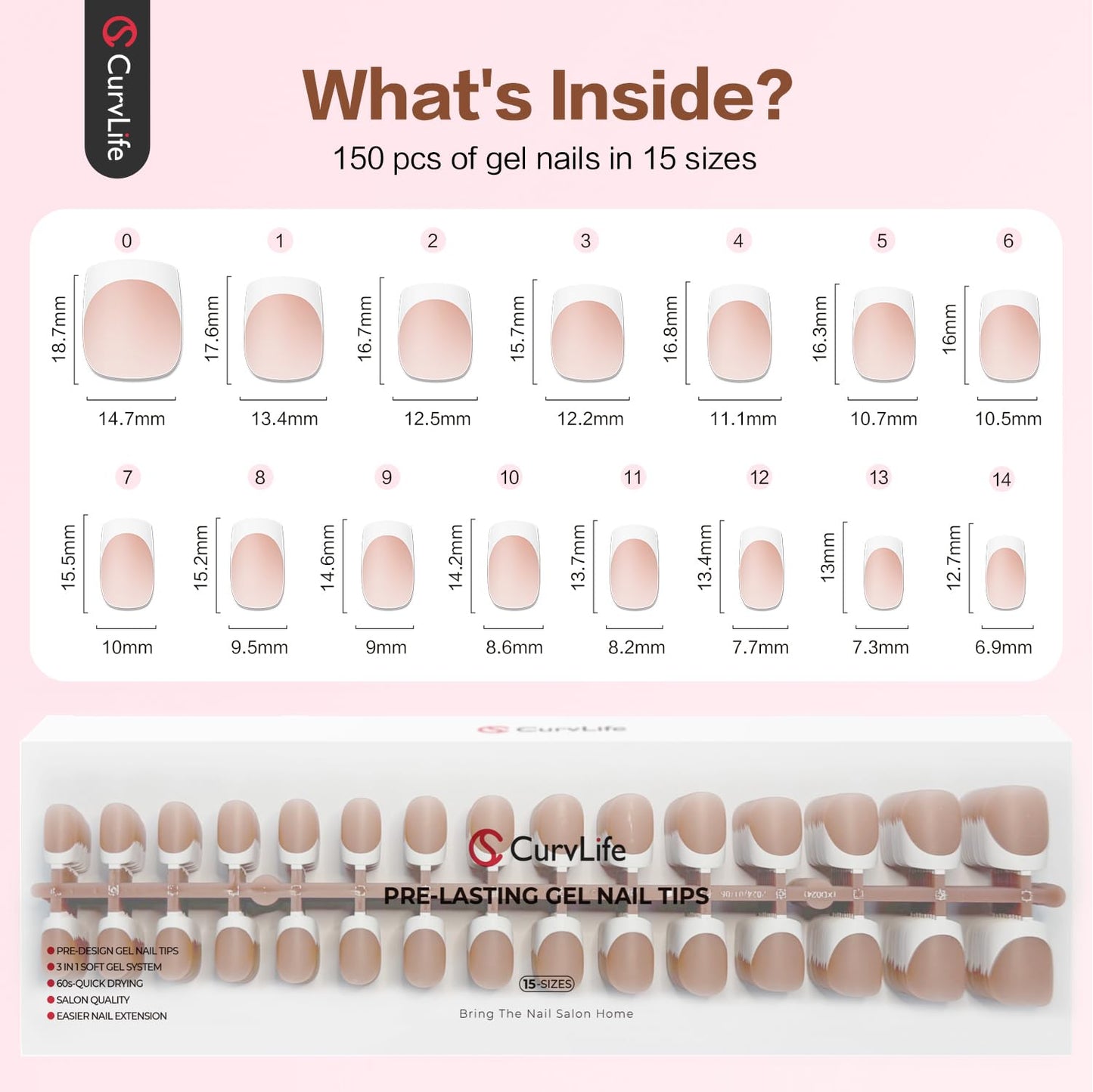 Curvlife 300Pcs French Gel Nail Tips, Press-On Nails, Skin Tone Options, Gel x Nail Tips 15 Sizes, French Tips Design for DIY Nail Art