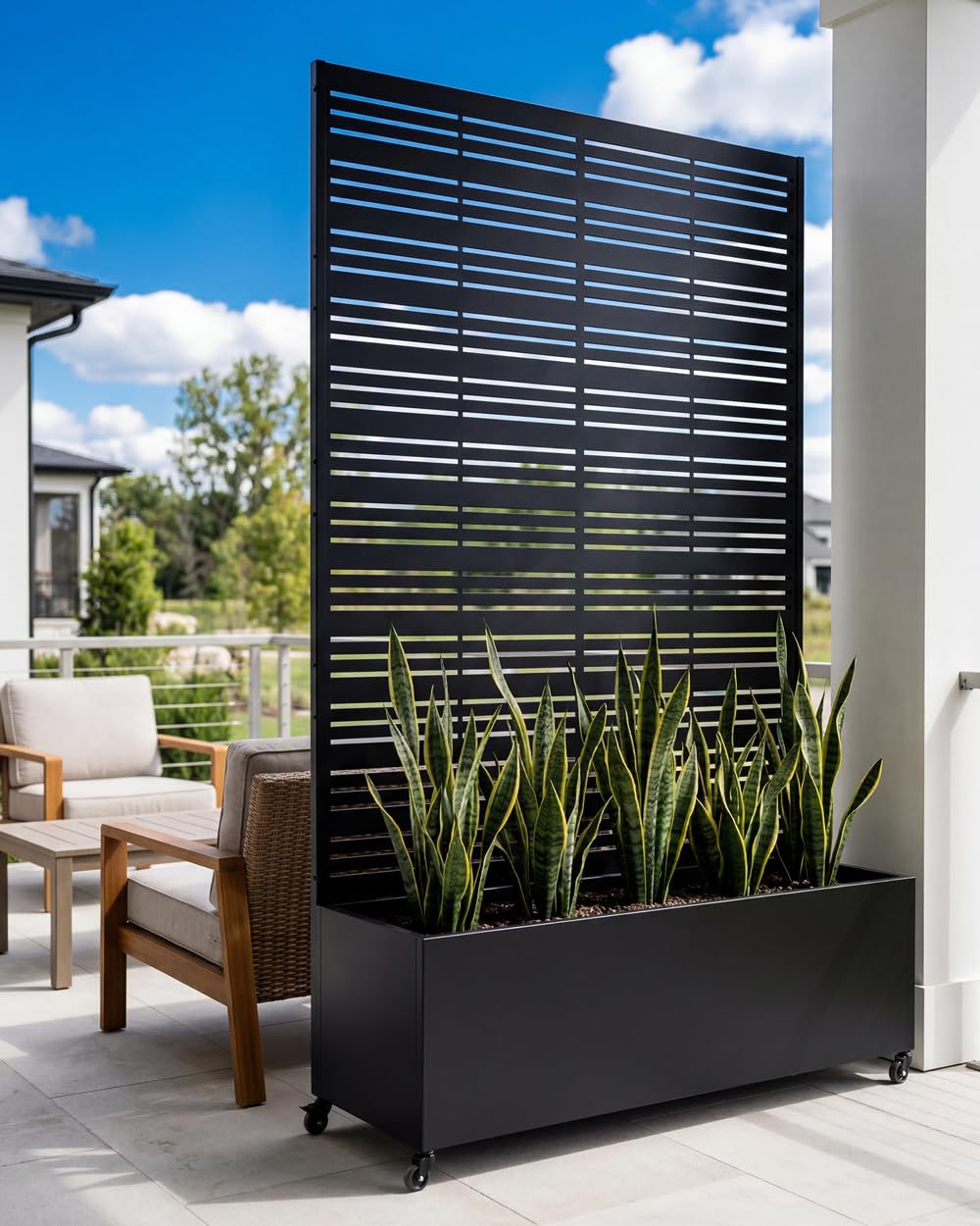 TinFrey Metal Raised Garden Bed with Trellis, 73"×47"×16" Privacy Screen Planter Box on Wheels — 61 lbs Won't Blow Over, Rust-Proof Louvered Design for Climbing Plants, Patio, Deck, Balcony - Black
