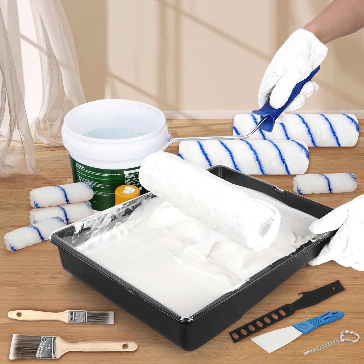 Rhibak Paint Roller Kit with Extension Pole, 27 Piece Set, 2 to 4 Ft Pole, 4"9" Paint Rollers, Paint Brushes Set for Professional Painting,House Paint Roller for All Latex and Oil Paints & Stains