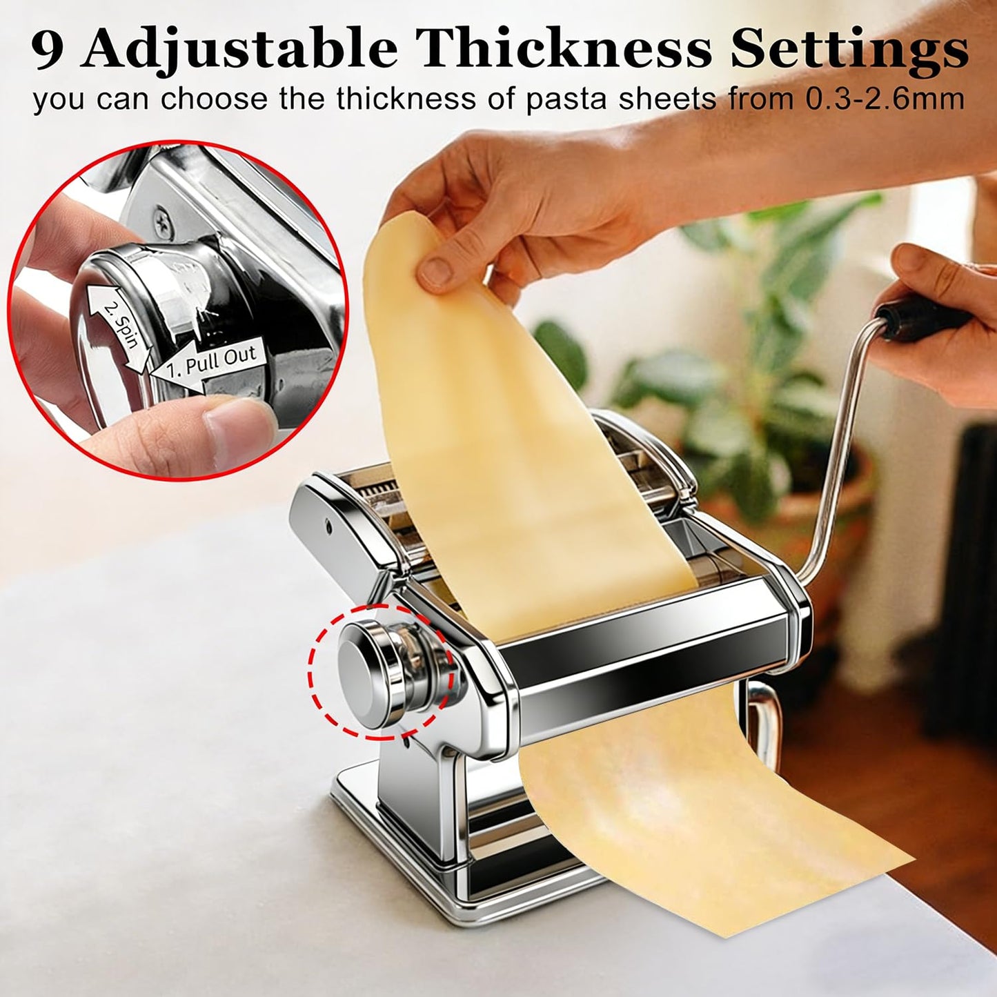 Pasta Maker Machine, Manual Pasta Maker with 9 Adjustable Thickness Settings, Stainless Steel Noodles Maker with Rollers and Cutter for Pasta, Spaghetti, Fettuccini, Lasagna