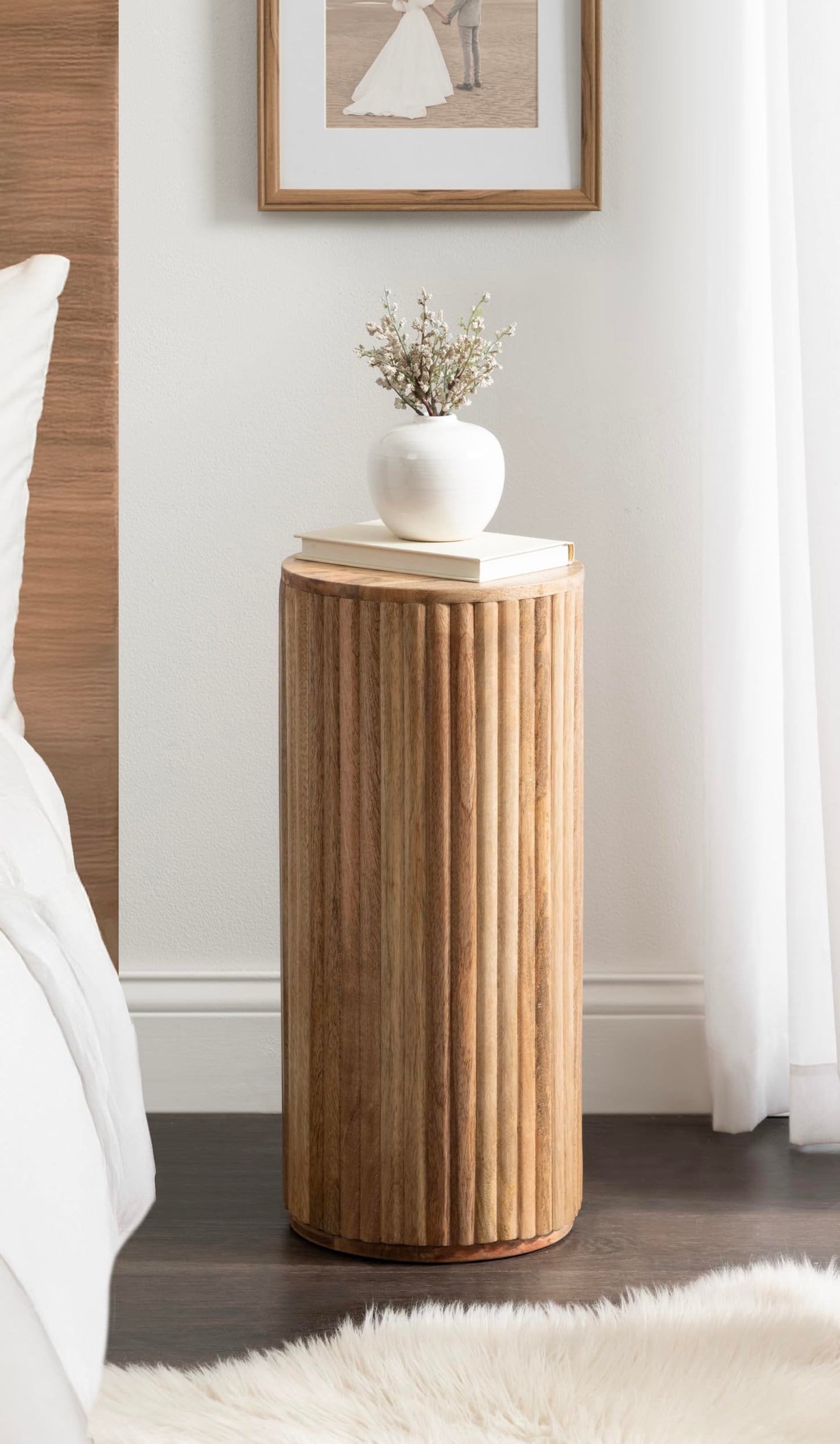 Kate and Laurel Reid Modern Wooden Ribbed Drink Table, 10 x 10 x 22, Natural Wood, Solid Wood Mini Table for Use as Pedestal Plant Stand Indoors or Small Nightstand Option
