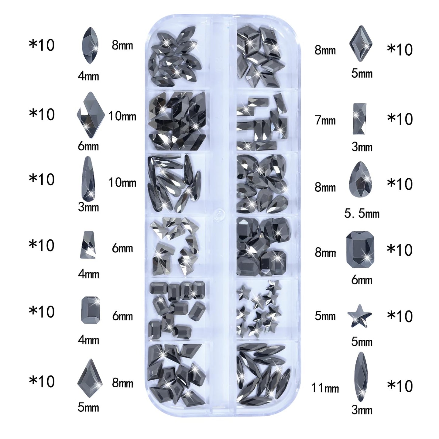 HNUIX Nail Rhinestones - 3D Multi Shape Size, Crystal Mineral Gray Nail Gems, Flat Back, with Kit, for Nail Art, DIY Decorations