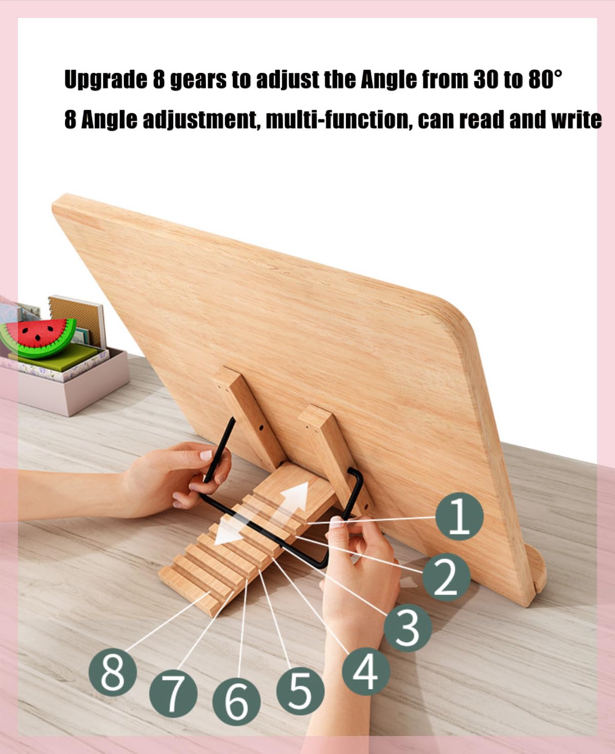 Bamboo Book Stand with Page Clips - Adjustable Holder for Cookbooks/Textbooks, Stable Lightweight Portable Reading Desk (Natural Bamboo)