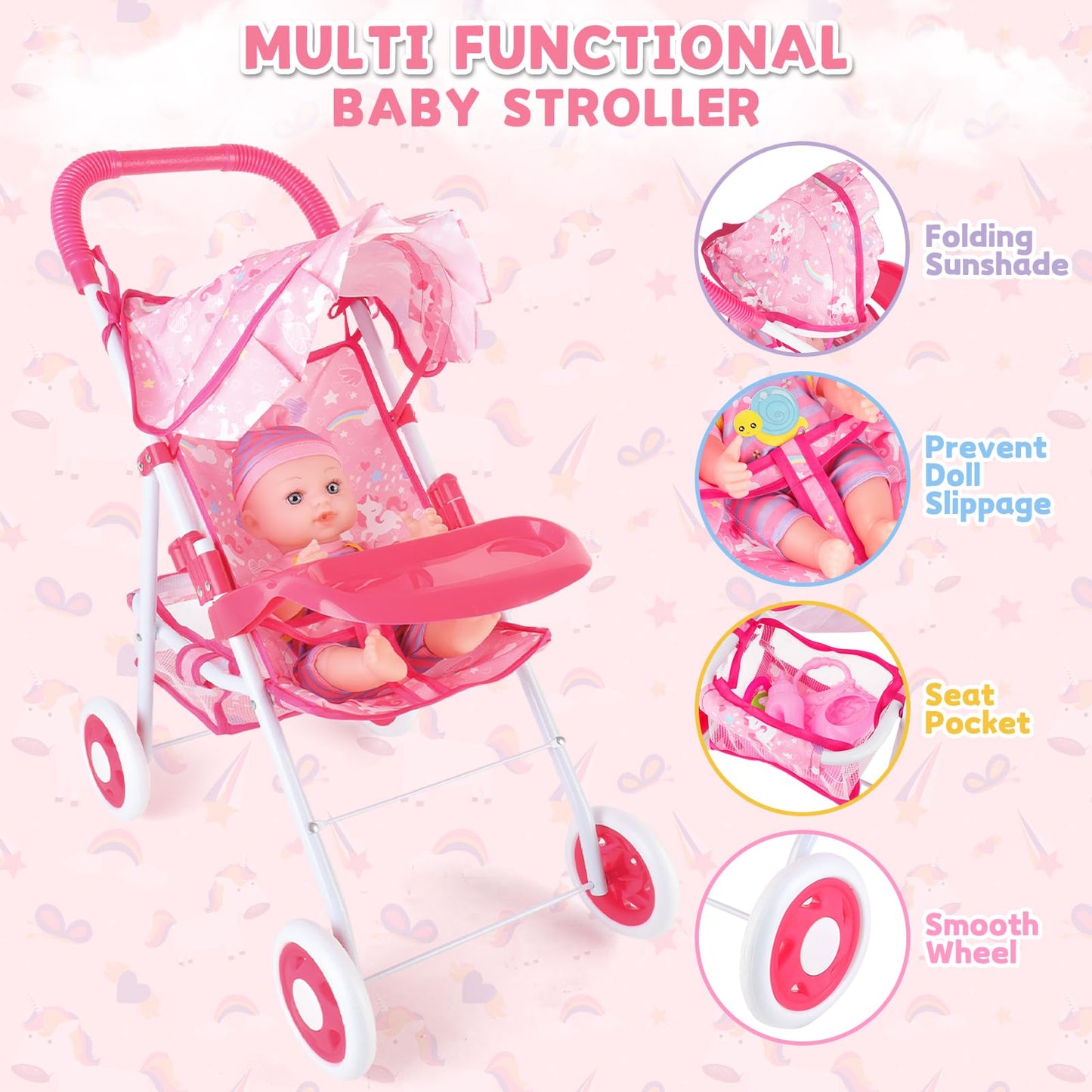 deAO Baby Doll Stroller 12" Baby Doll Set with Foldable Stroller 15 PCS Accessories for Toddlers 3-5 Christmas Birthday Gifts