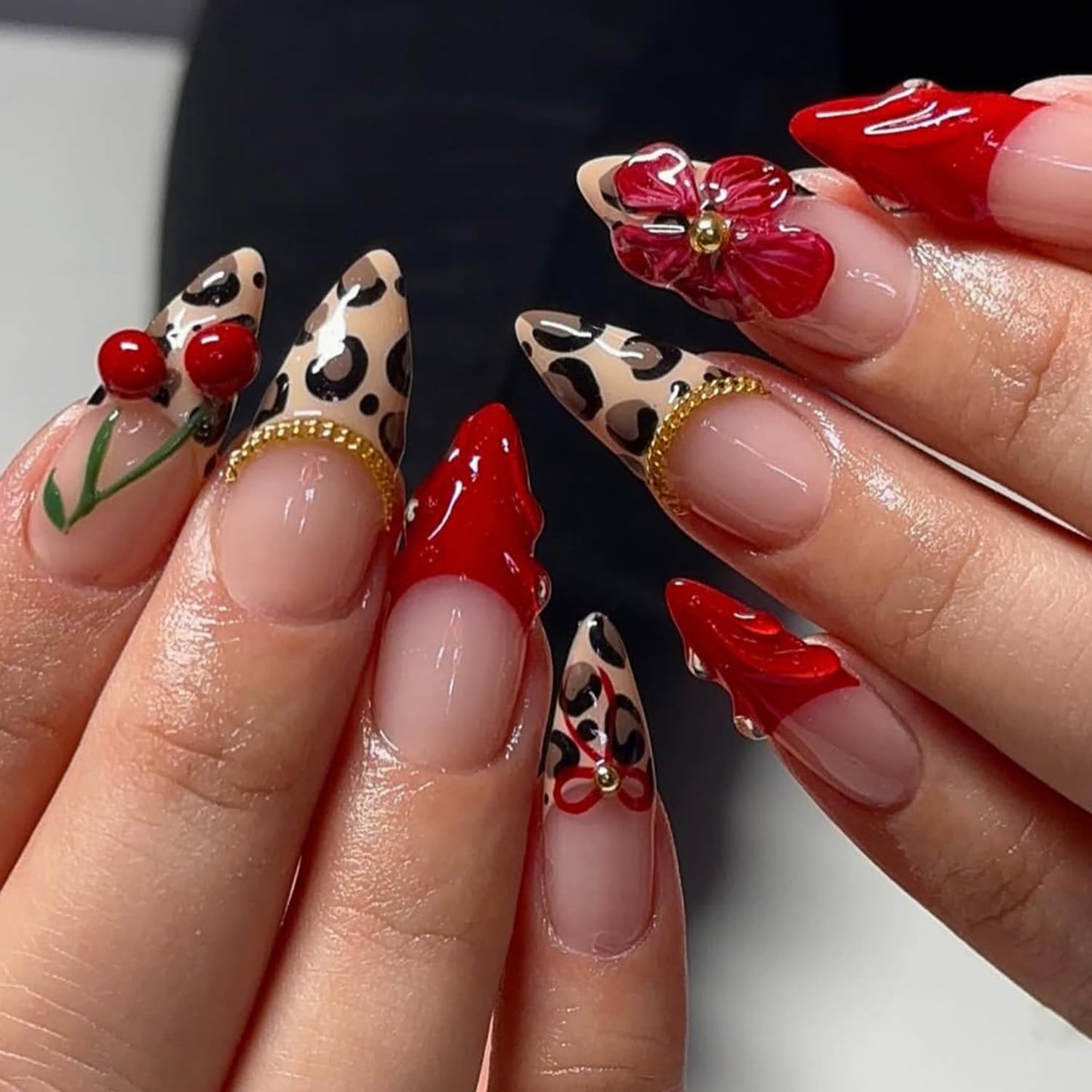 French Leopard Print Red Floral Press on Nails Medium Almond Artificial Acrylic False Nails Stick on Nail 3D Cherry Full Cover Red Flower Reusable Coffin Artificial Fingernails for Women Manicure