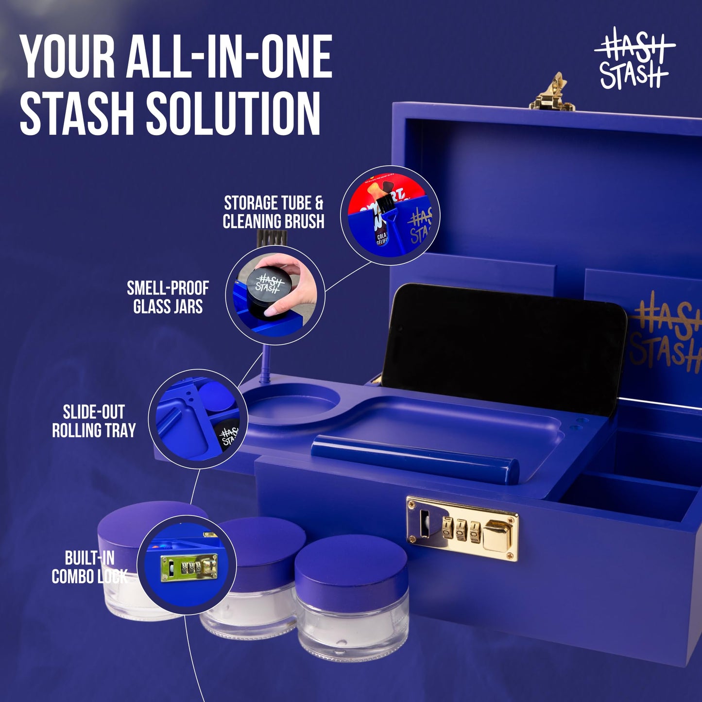 The OG Storage Box - Large Bamboo Box with Combination Lock, Magnetic Lid, Organizer Tray, Airtight Tube and 3 Jars - Discreet Decorative Locking Wooden Box with Accessories (Royal Blue/Gold)