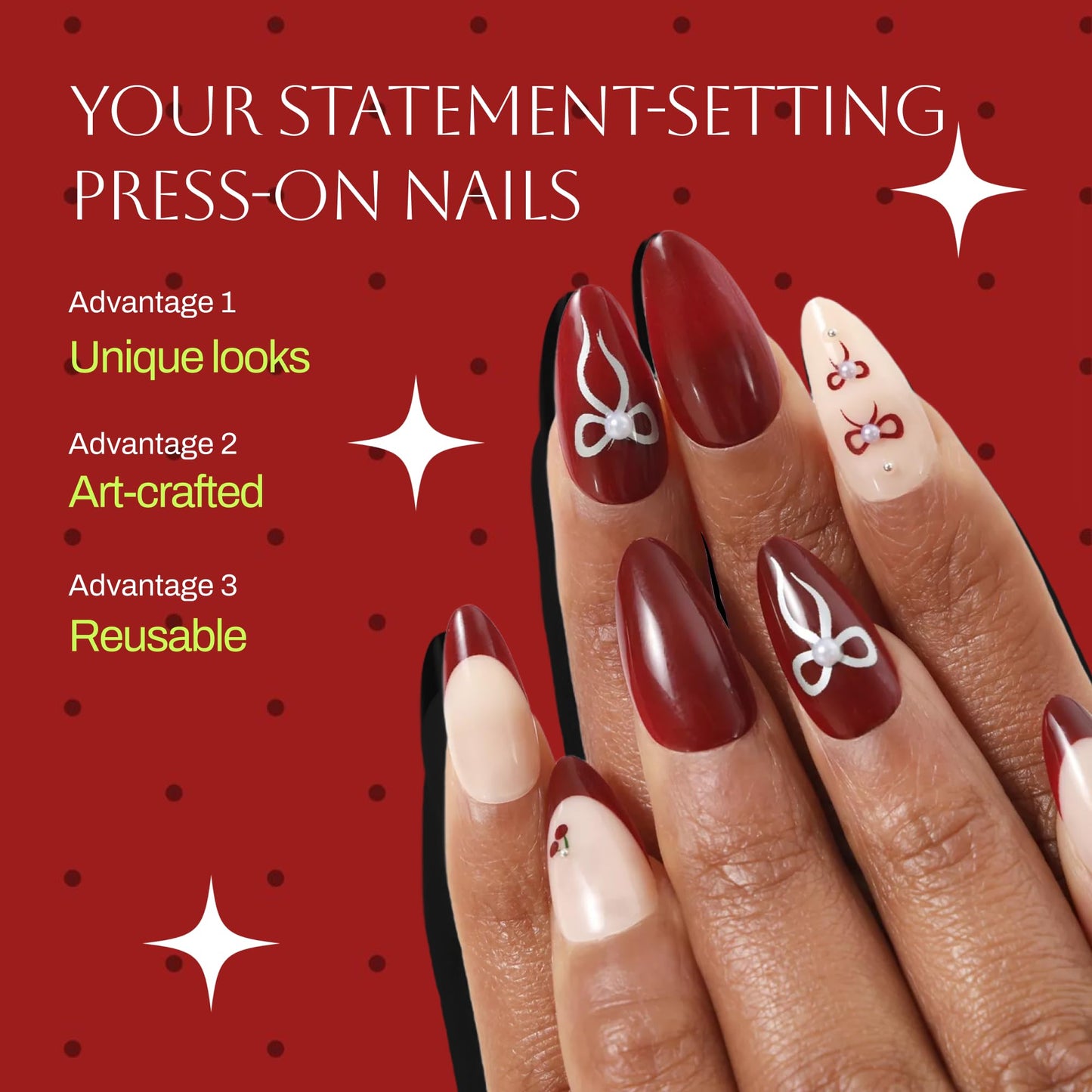 Never Have I Ever CHERRY COLA Short Almond Press On Nails 24 Piece Soft Gel False Nails for Everyday Wear Reusable Comfortable Fit for Women As Seen on Shark Tank