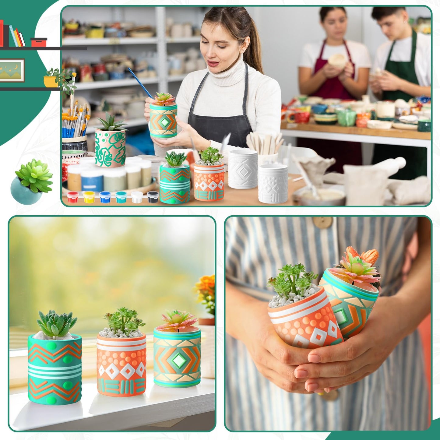SiliFine Set of 11 Paint Your Own Kit DIY Flower Pot Painting Includes 8 Pcs Unpainted Ceramic Succulent Planters 2 Pcs Color Paints 1 Set Paint Brushes for Classroom Craft Activity (Bohemian)