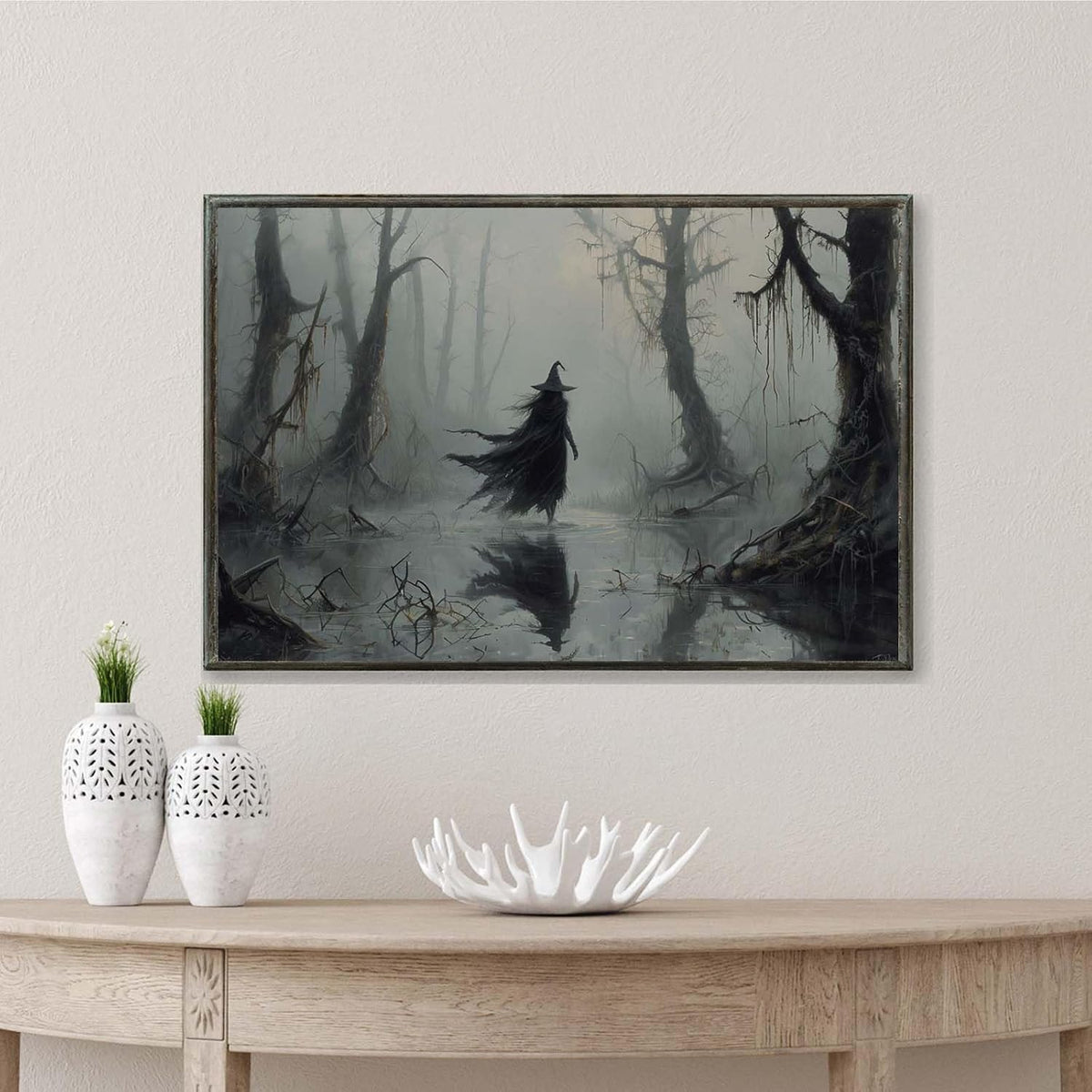 JFHCQJPK Vintage rustic swamp witch poster dark moody wall art gothic horror season halloween print for home decor retro dark moody painting24x36in Metal blackFramed