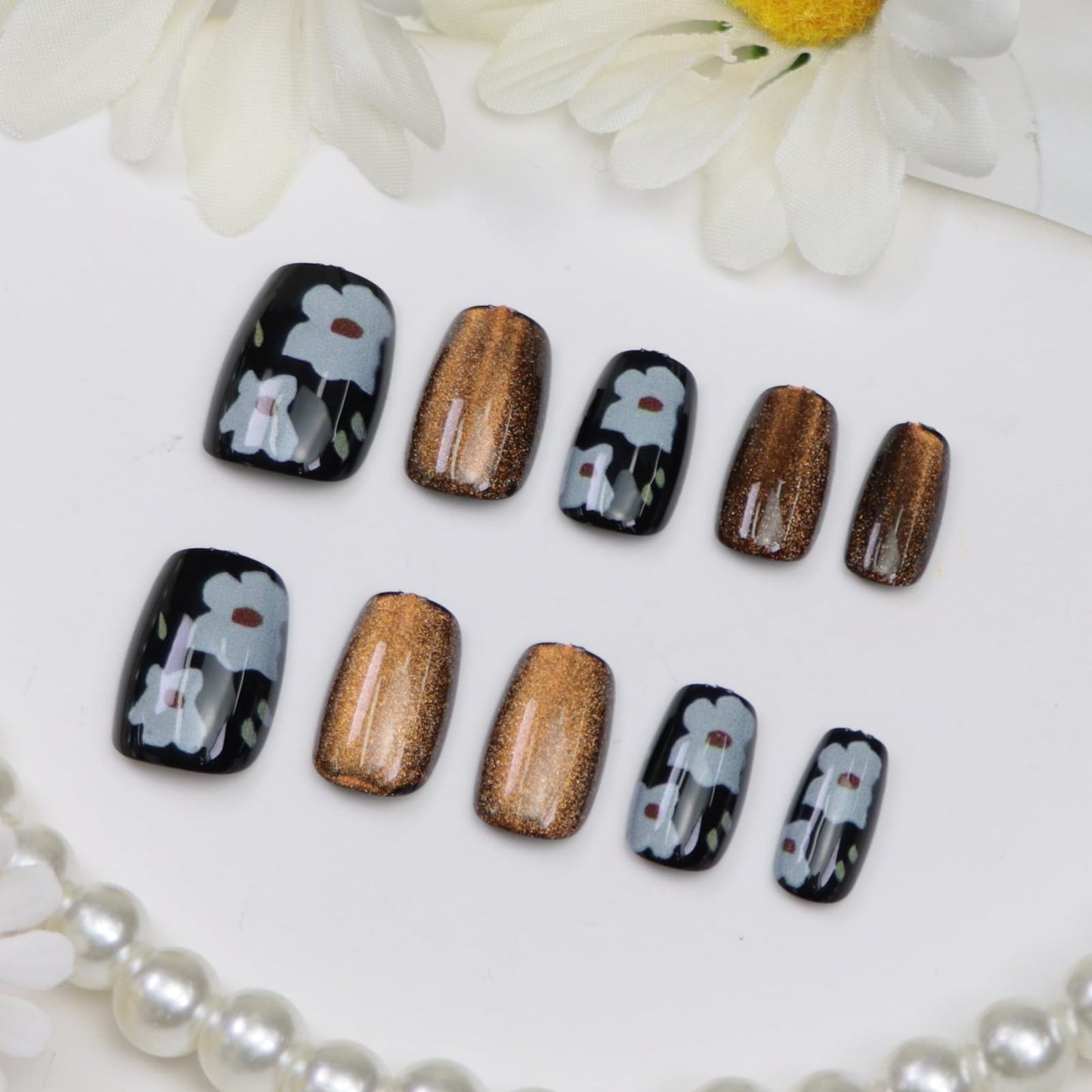 Coffin Press on Nails Short Fake Nails Brown Black Nails Press ons with Glod Glitter White Flower Deign Glossy Short Coffin Acrylic Artificial Stick on Nail for Women 24Pcs