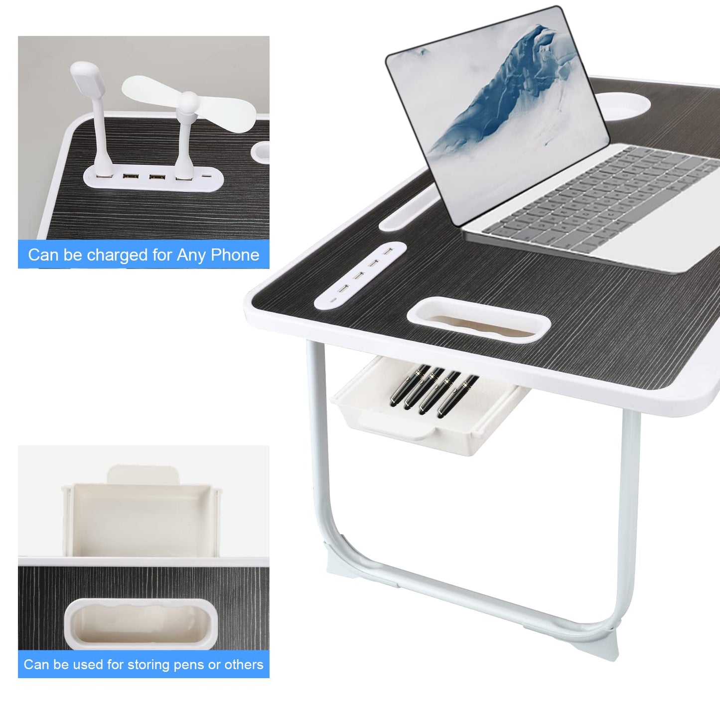 Laptop Bed Table, Laptop Desk for Bed, Foldable Laptop Bed Desk with USB Charge Port, Handle, Desktop Card Slot, Cup Slot, Side Drawer, Portable Laptop Table for Bed Eating Reading Working