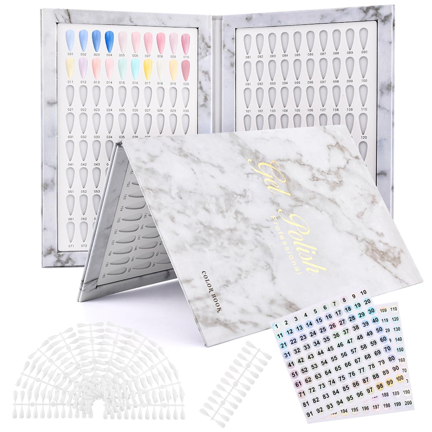 Rivonthex 160 Nail Color Display Book with 240 Nail Tips & Number Stickers (1-200) - Professional Color Swatches Book Display Chart