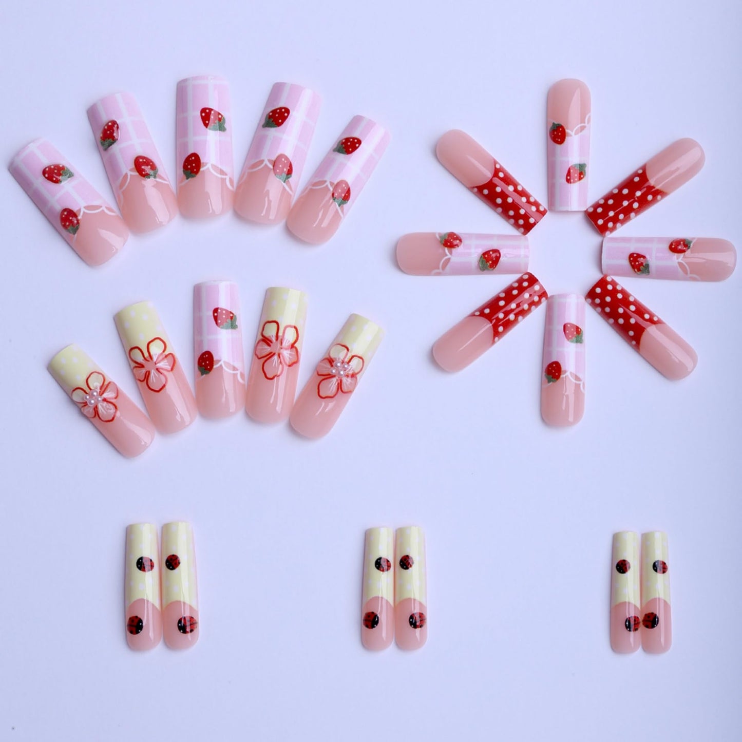 Long Press on Nails Square Fake Nails French Red Artificial Nail 3D Floral and Pearl Designs Cute Stick on Nail for Women 24pcs