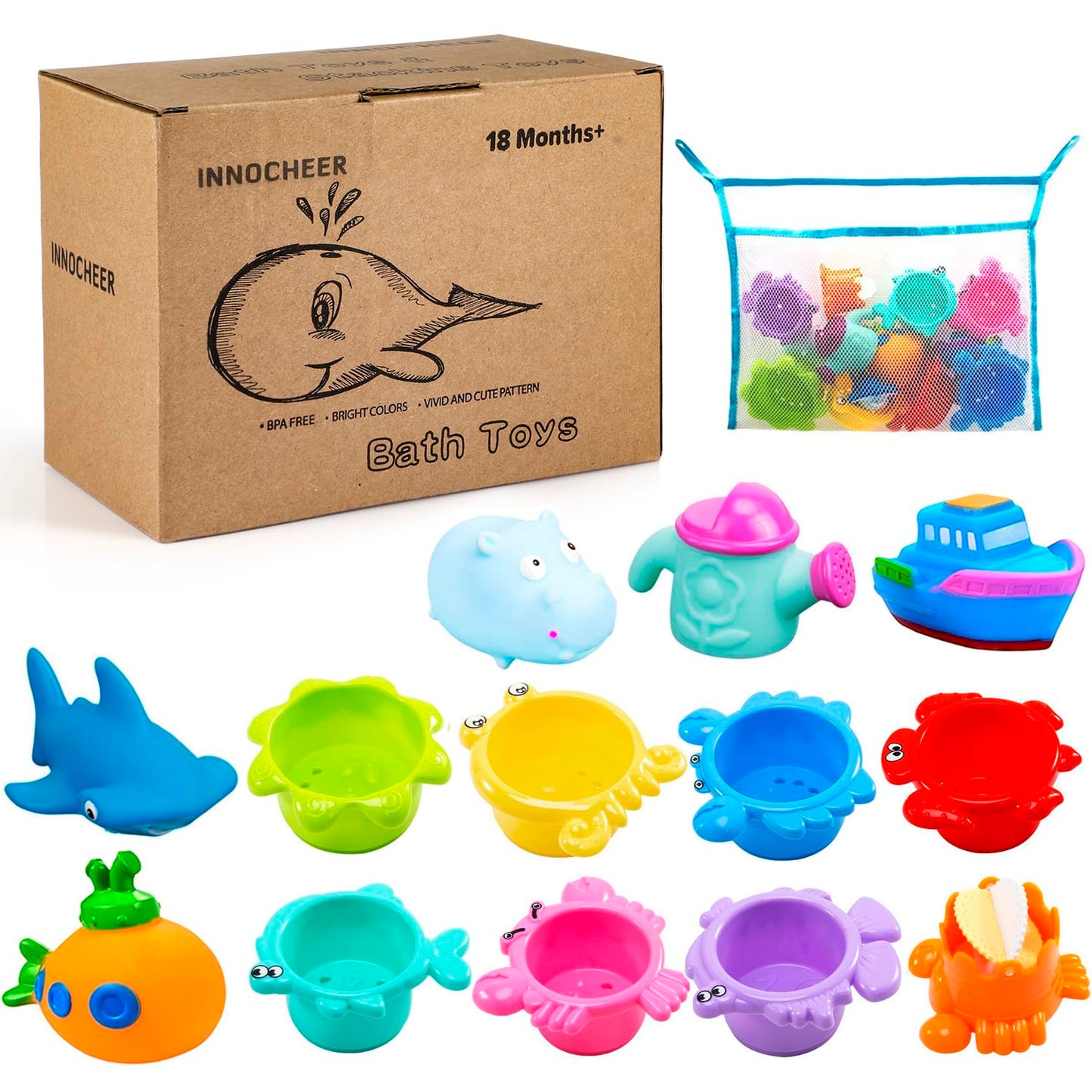 INNOCHEER Baby Bath Toys for Toddlers, Water Table Toys with Mold Free Stacking Cups, Quick Dry Organizer Net, 13 Pcs Bathtub Game, Beach and Pool Party