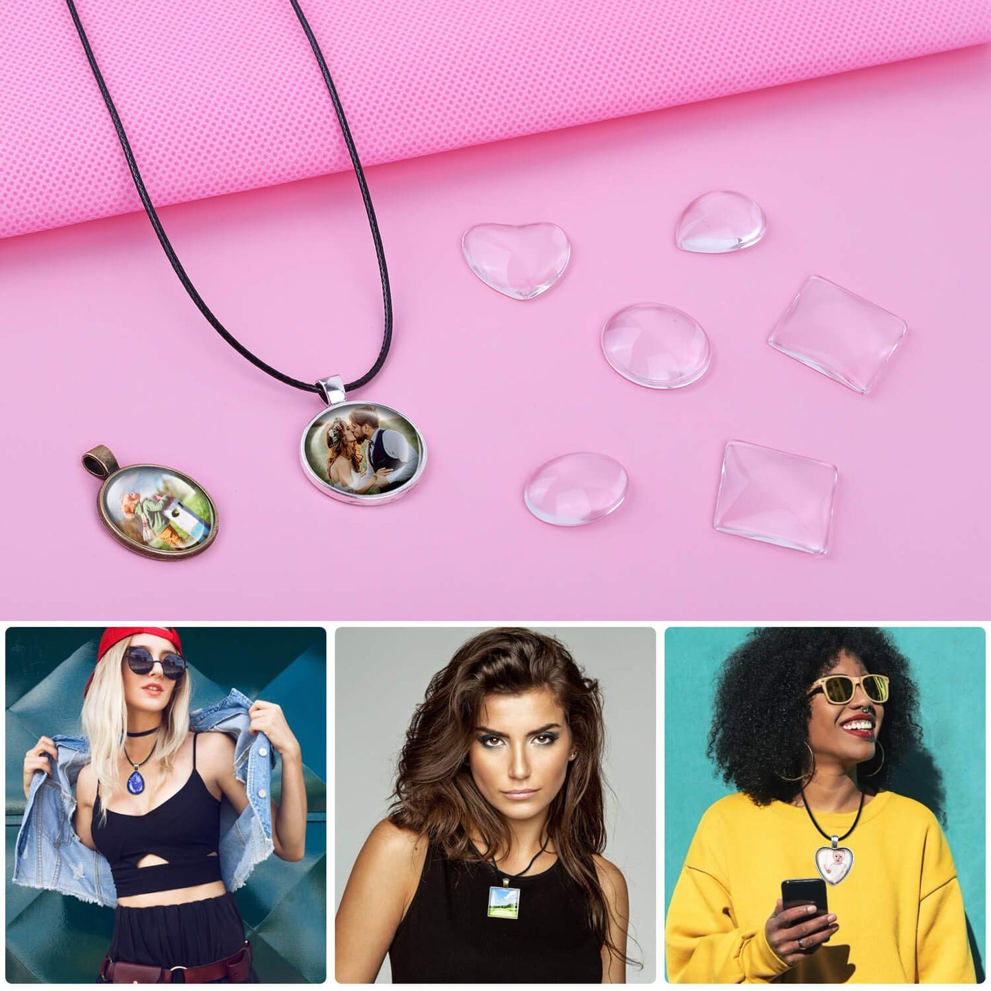 Aenezus Pendant Trays Set with Glass Cabochons for Jewelry Making - 90pcs, Includes 30pcs Bezel Pendants, 30 Glass Cabochons, 30 Necklace Cords