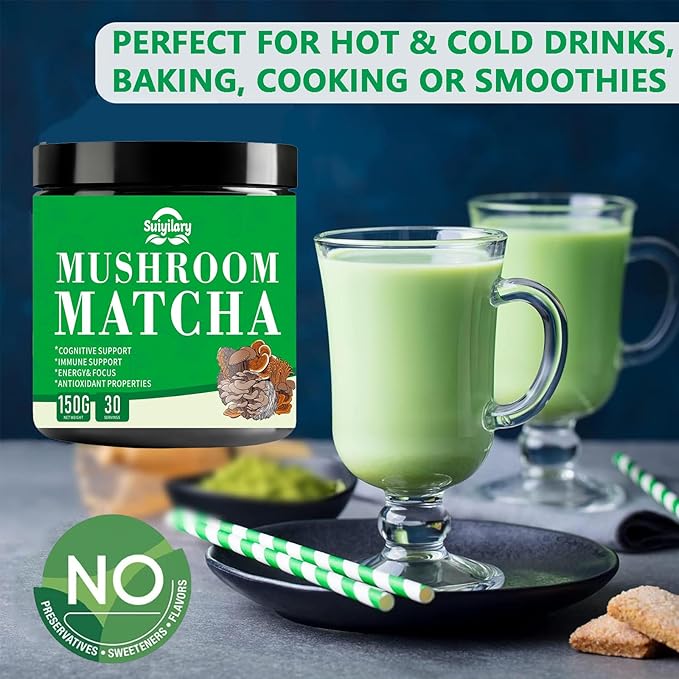Mushroom Matcha, Ceremonial Matcha Tea Powder with 7 Superfood Mushrooms, Gluten Free, Taste Great Hot or Cold Matcha Latter - 150g 30 Serving