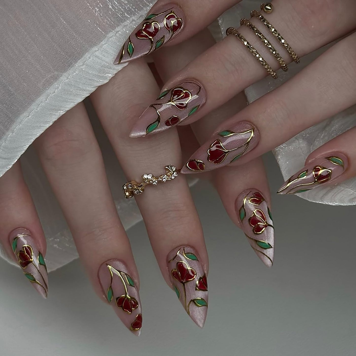 Flower Press on Nails Medium Length Red Floral Pattern Design Press Ons Fake Nail Full Cover Glossy Almond Tip Stick on Nail Acrylic Artificail Fingernails Reusable DIY Glue on Nails for Women 24Pcs