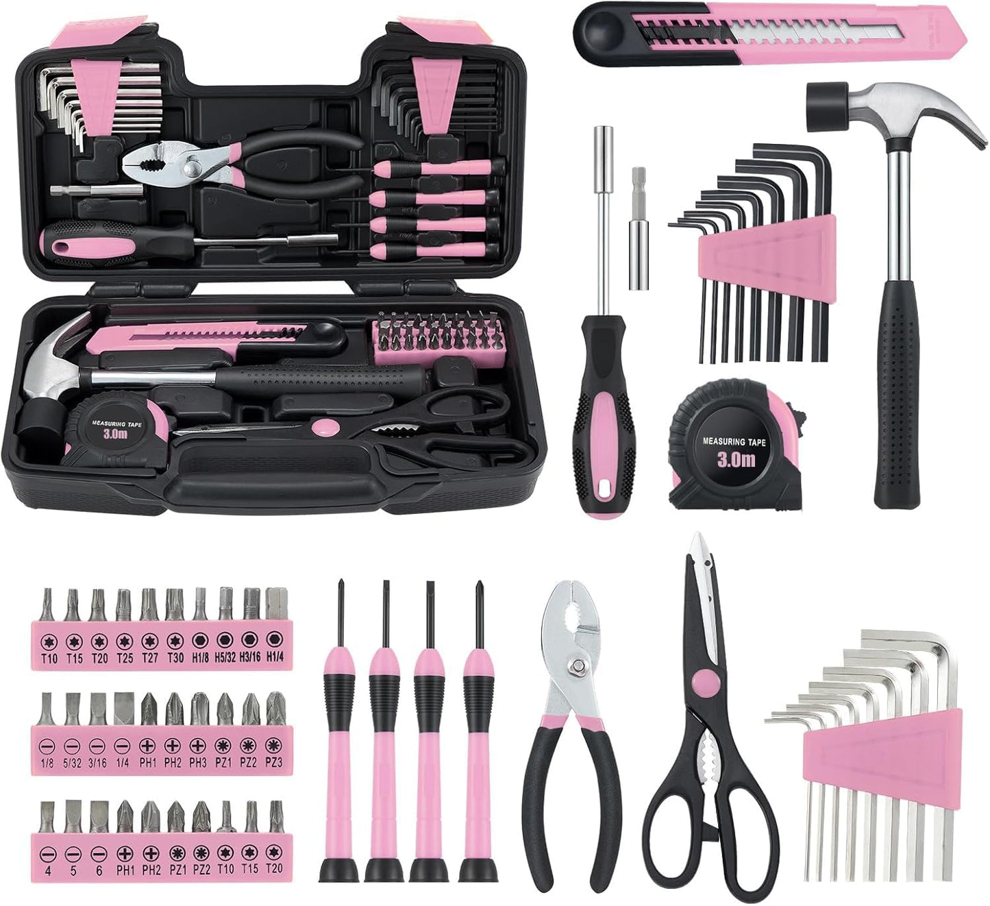 MARTCOLOR 58 Piece Household Tool Set, General Household Hand Tool Kit with Plastic Toolbox Storage Case, All Purpose Household Tool Kit for Women, Girls and Ladies, Pink