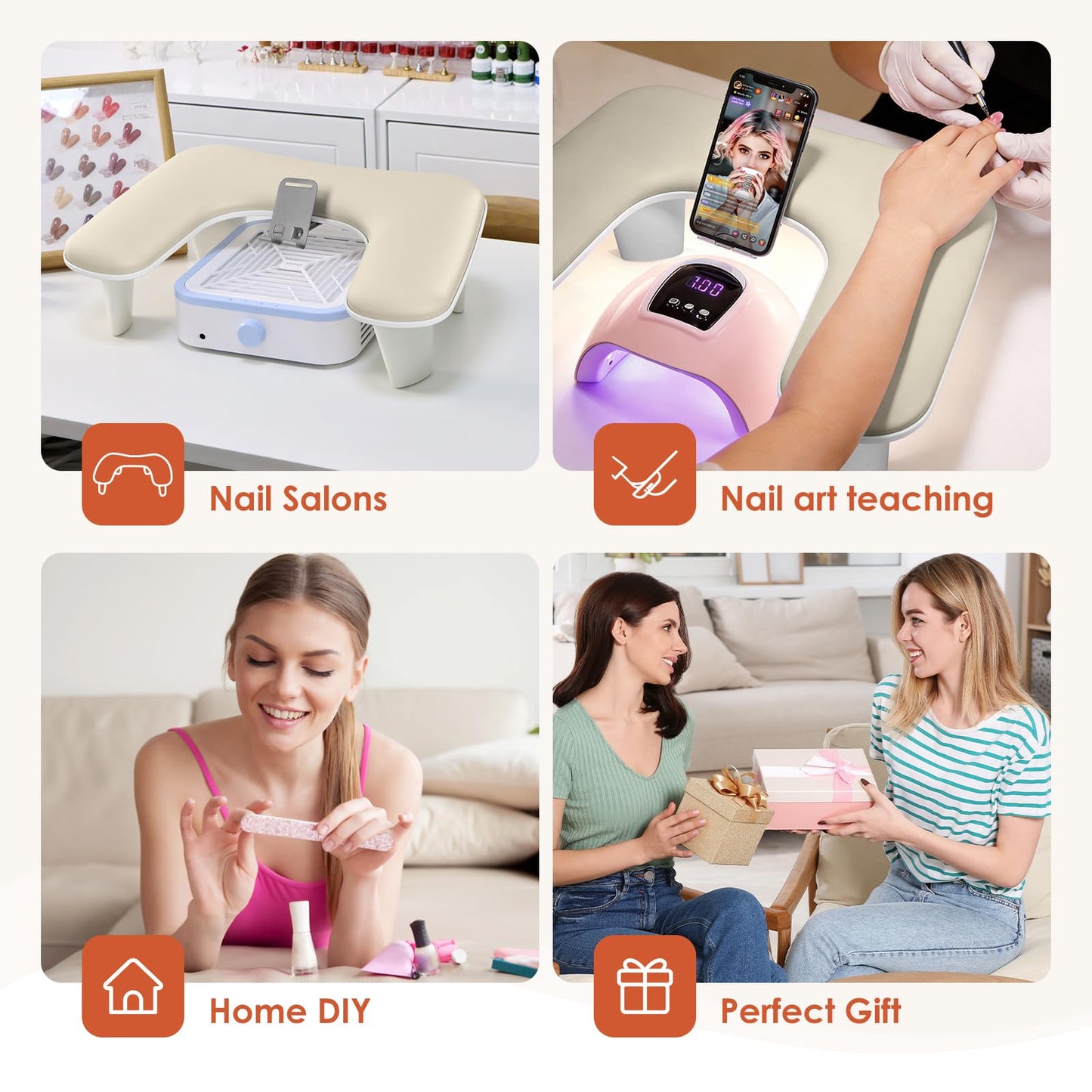 LIONVISON Arm Rest for Nails Tech: U Shaped Ergonomic Nail Hand Rest Stand PU Leather with Rotating Phone Holder for Nail Salon Manicurist (Beige)