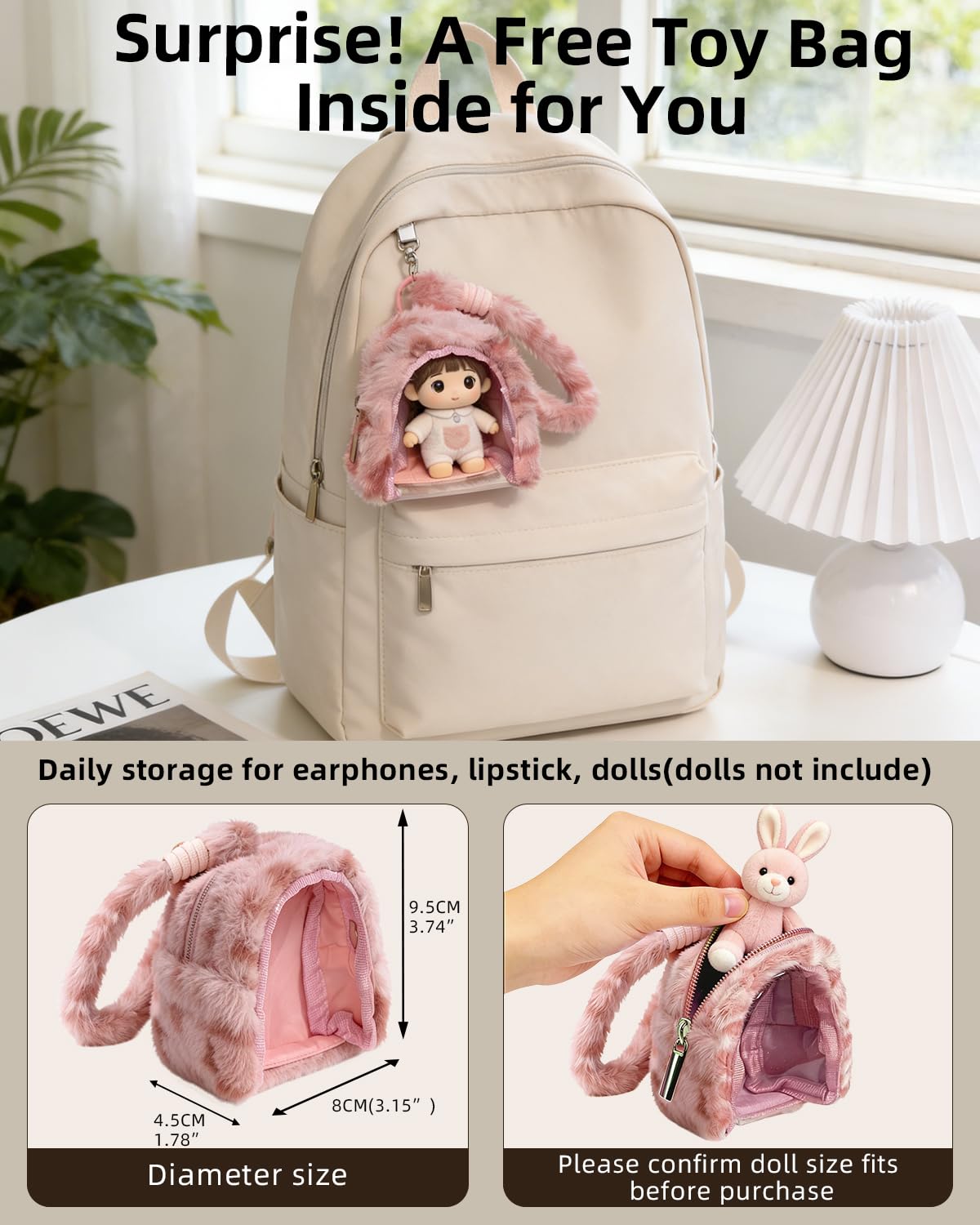 YONONIC Beaded Phone Charm and Plush Doll Protective Case Kit, Cell Phone Chain with Mini Key Headset Bag for Women, Cute Charm Wrist Strap and Portable Storage Bag for Doll Lipstick Cosmetic, Pink