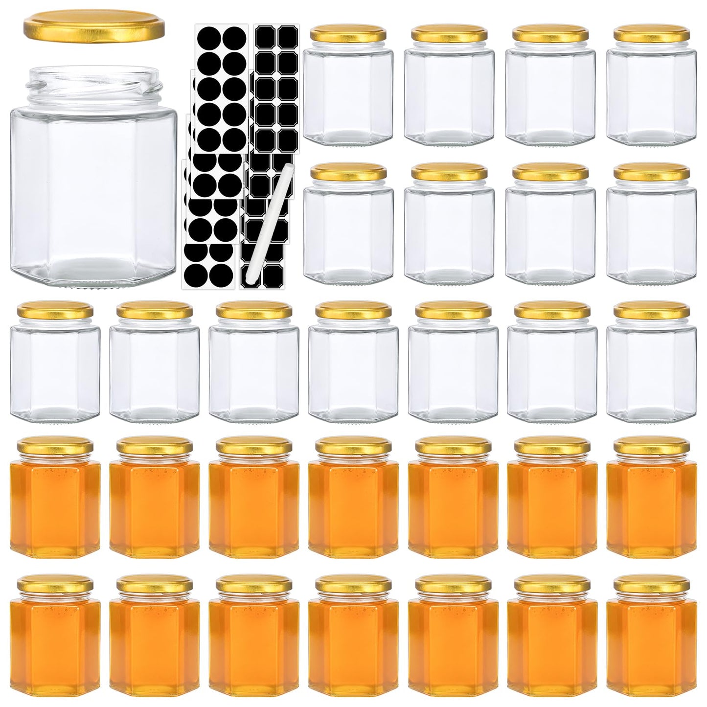Haneye 6 oz Hexagon Glass Jars with Gold Lids, 30 Pack Honey Jars Canning Jars Small Spice Jars for Jelly, Herb, Jams, Candy, Wedding Favors, Includes Labels and Pen