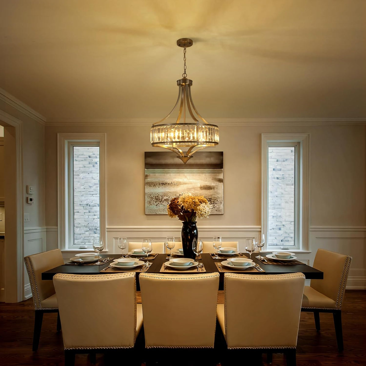 20" Brushed Nickel Chandeliers for Dining Room, 5-Light Modern Crystal Chandelier for Entryway, Hanging Round Light Fixture for Kitchen Island Living Room Bedroom Office Bathroom Staircase