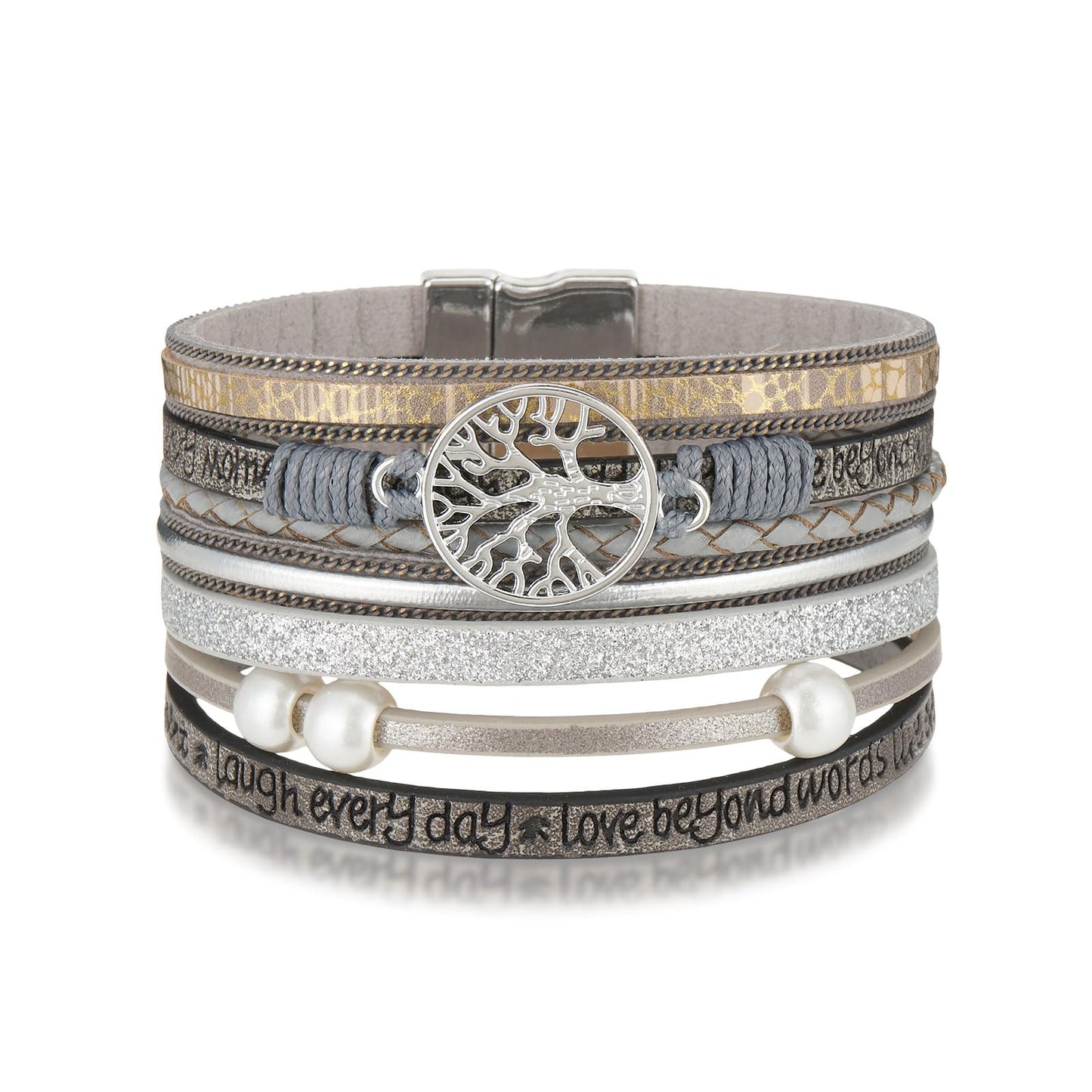 QIUTIMIY Leather Bracelets for Women Trendy Boho Cuff Bracelet Layered Bangle with Clasp Hand Wrist Jewelry Western(Style 5-Gray)