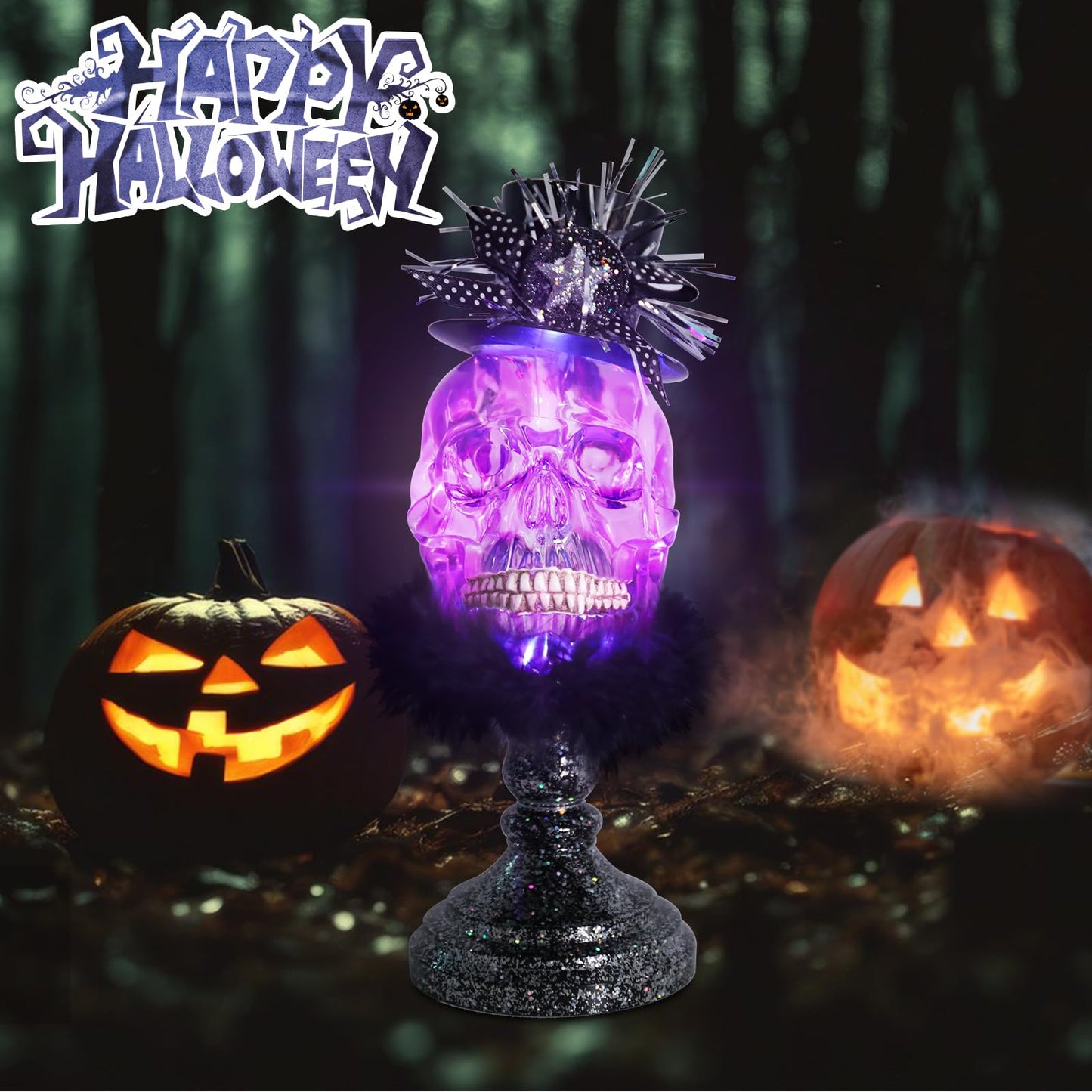WONDER GARDEN Skulls Halloween Decor - Dressed Acrylic Skeleton Heads with Magic Hat Skull Decor, Halloween Decorations Indoor and Party Supplies