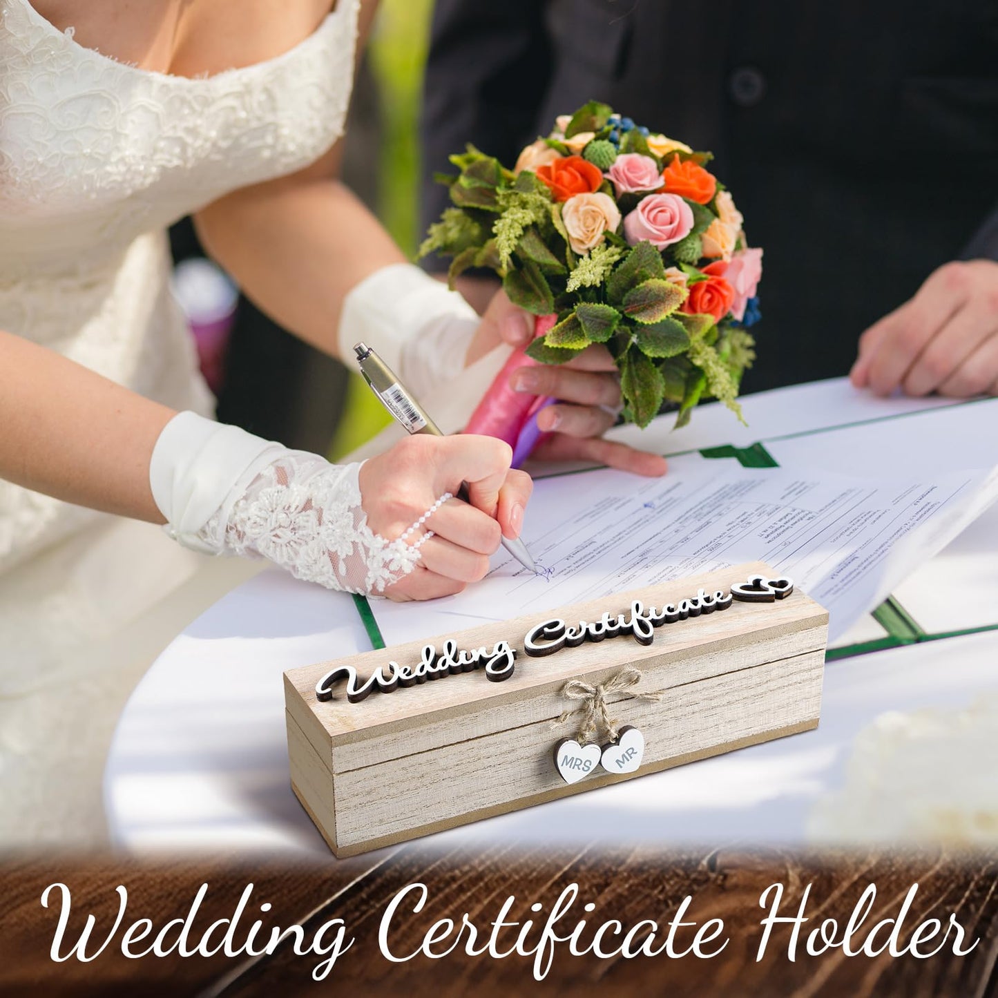 Thyle Mr & Mrs Wedding Certificate Holders Wooden Marriage License Keepsake Box with Bow and Magnetic Buckle Wedding Certificate Storage Box Gifts for Newlyweds Couples Gift(Natural Color)