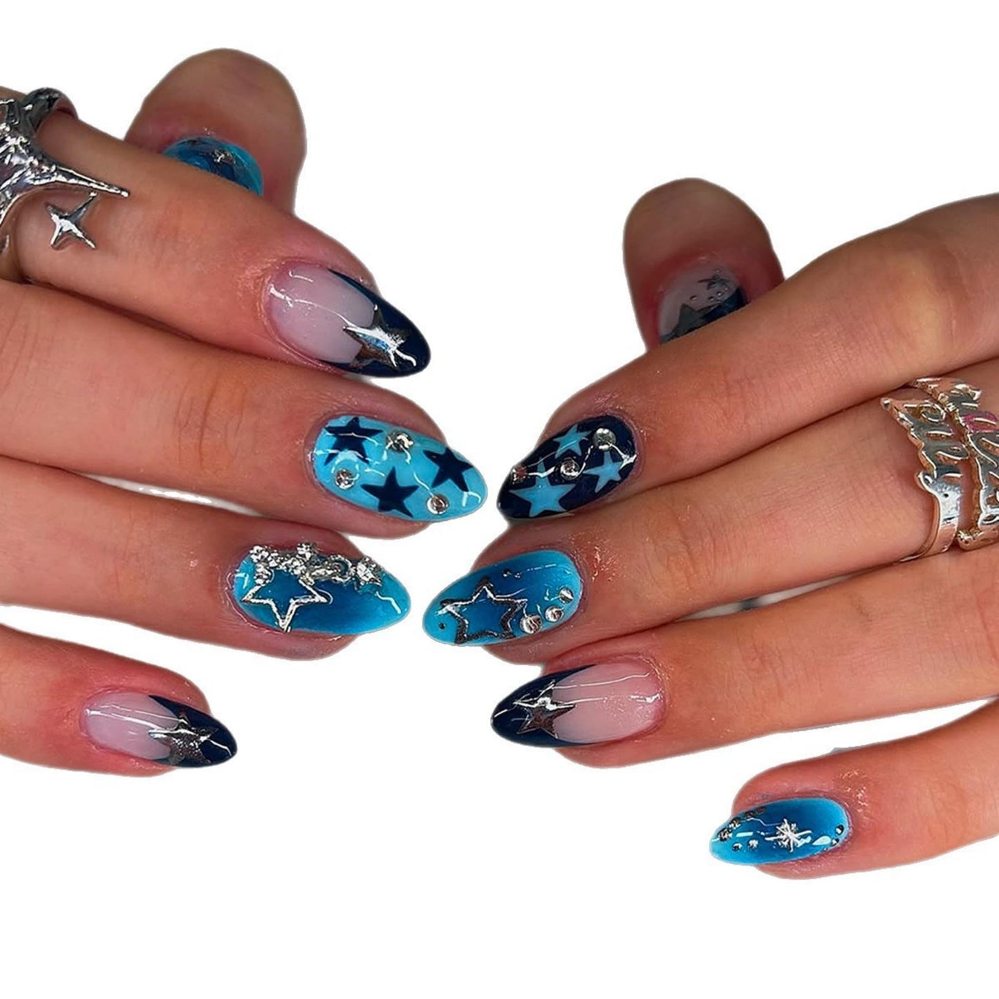 Almond Press on Nails Medium Fake Nails Blue Artificial Nail Seeneey Y2K and Silver Stars Designs Beach Stick on Nail for Women 24pcs