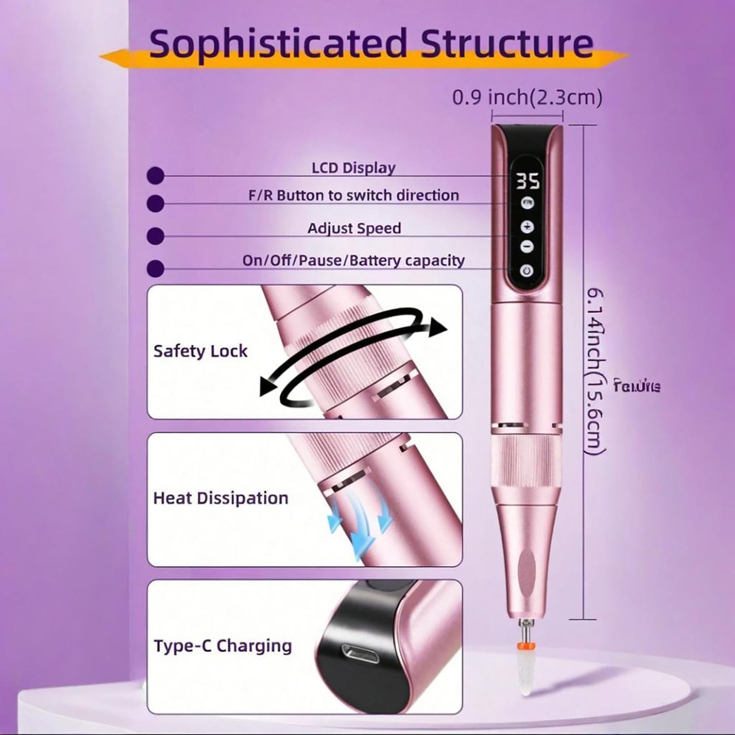 Cordless Nail Efile Drill Machine - Rechargeable Electric Nail File Kit for Acrylic/Gel/Dip Powder Nails, 6 Bits Portable Lightweight Design with Quiet Motor, Ideal for Home & Salon Manicure Pedicure