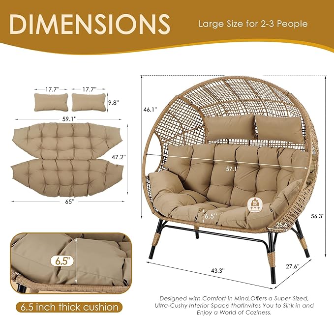 NICESOUL® Double Egg Chair Indoor Outdoor Stationary Oversized Thicken Padded Cushions,2 Person Egg Loveseat Chair, 680 lbs Extra Large Lounge Chair for Patio Balcony Porch Brown