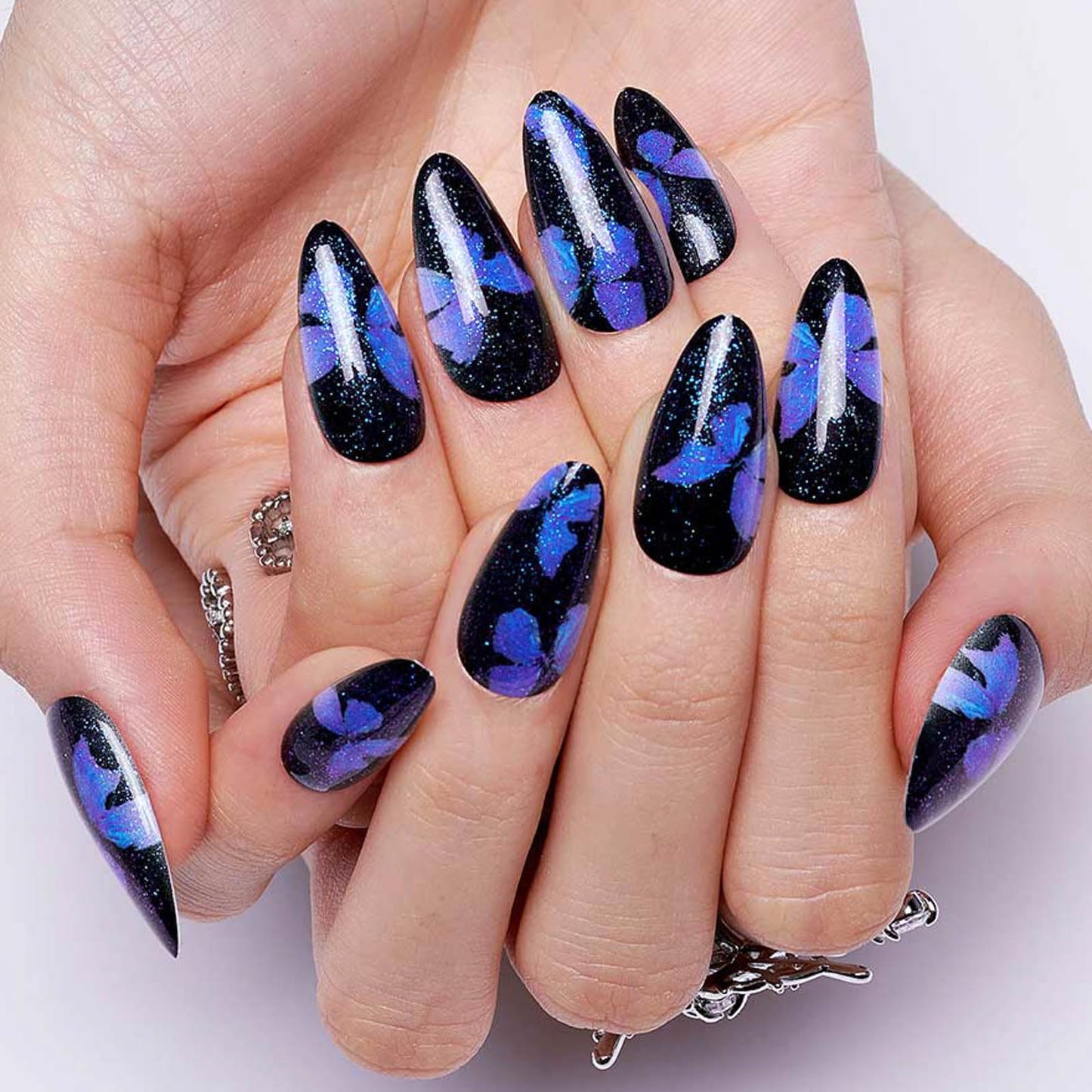GLAMERMAID Press on Nails Almond，Gothic Blue and Nude Glue on Nails Set,48 Pcs Glossy Short Press on Nails with Butterfly Design,False Nails for Women Girls Gift