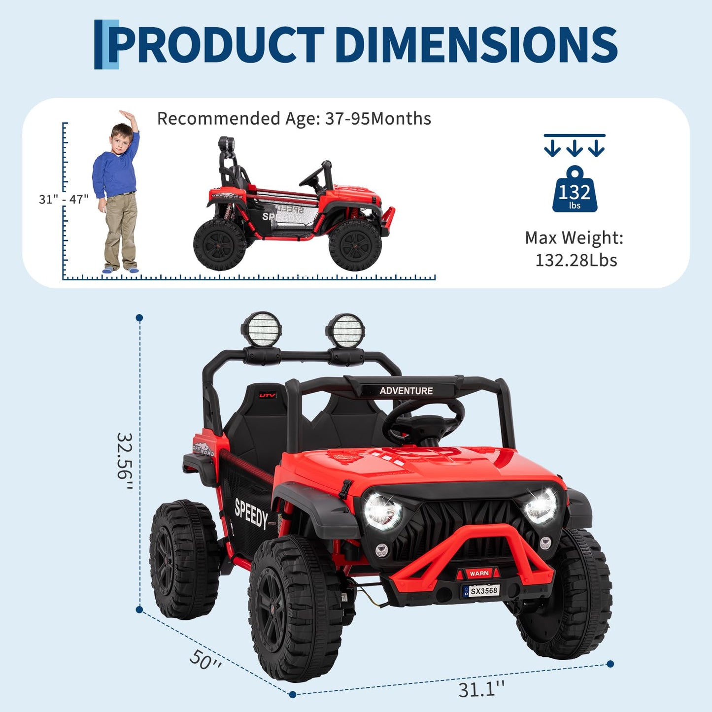 Garvee 24V Ride on Toys for Big Kids with Remote Control - 4WD Electric Car, 2 Seater UTV, Spring Suspension, Front & Behind LED Lights, Dual Storage, 3 Speeds, Bluetooth Music, Parent Safety Brake,