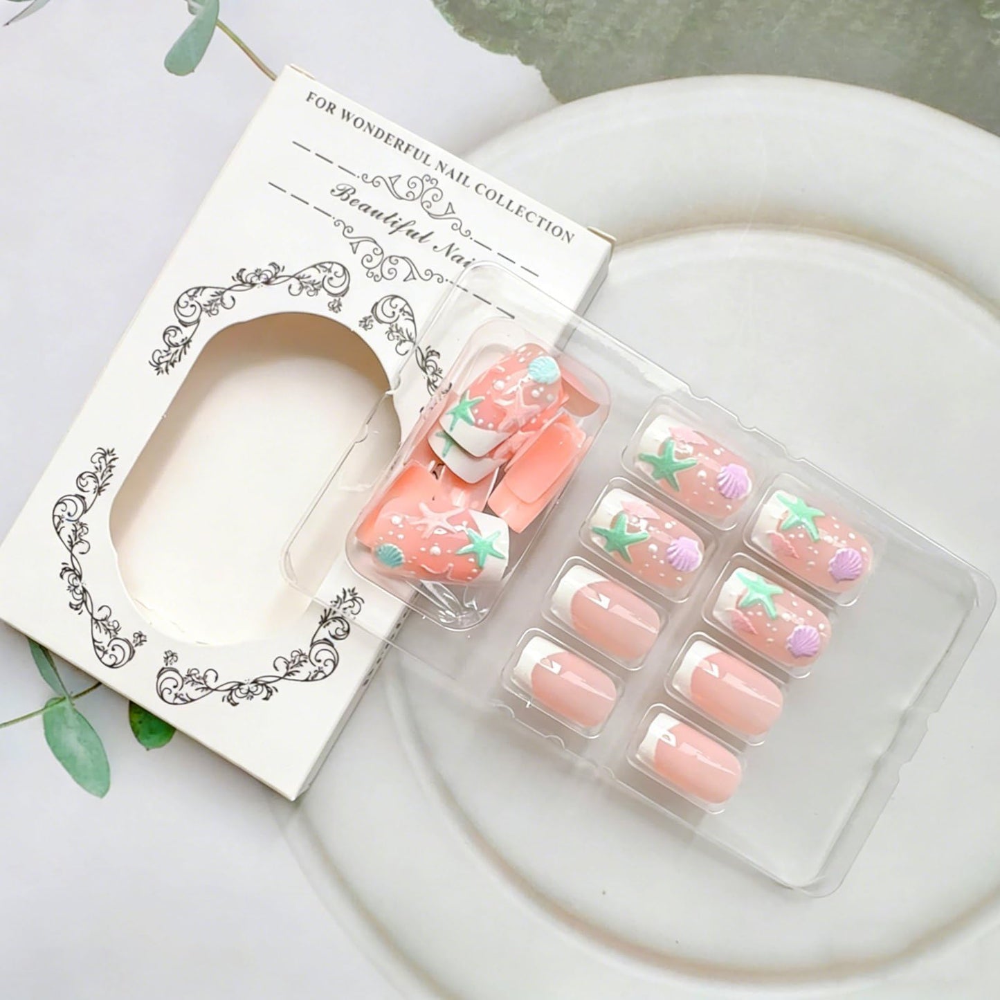 French Tip Press on Nails Summer Fake Nails Spring Medium Square False Nails with Shell Conch Starfish Bubbles Design Sea Beach Artificial Nails Full Cover Glossy Stick on Nails for Women Manicure