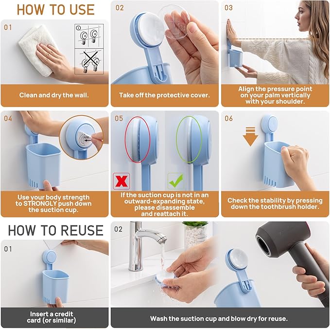 LEVERLOC Powerful Suction Cup Toothbrush Holder, No Drill Removable Wall Shower Holder for Toothbrush, Toothpaste, Razor, Self-draining Suction Cup in Shower, Kitchen Tableware Organizer, Blue, 2 Pack