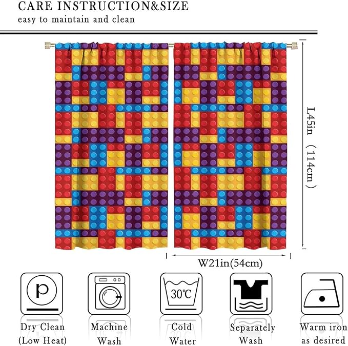 Building Block Colored Curtains, Children's Themed Curtains Collection Building Block Patchwork Cartoon Print Curtains, Light Trim 2 Panel Set Rod Pockets 42x45in