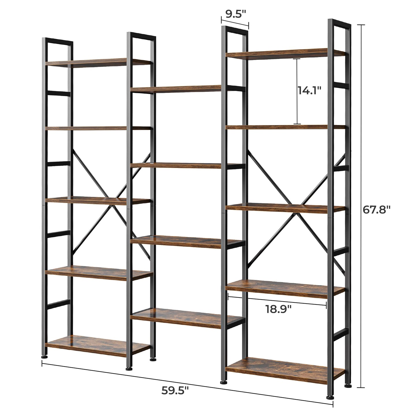 SUPERJARE Triple Bookshelf, Bookcase with 14 Open Display Shelves, Wide Book Shelf Book Case for Home & Office, 5 Tier, Brown