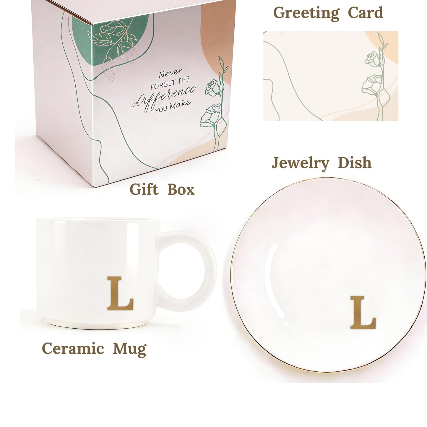RainVibe Elegant Gift Set for Women – Personalized Monogram Ceramic Mug & Jewelry Tray – 12 oz Gold-Initial Coffee Cup with Gift Box, 4.75" Decorative Dish for Rings, Earrings, Keys (Letter L)