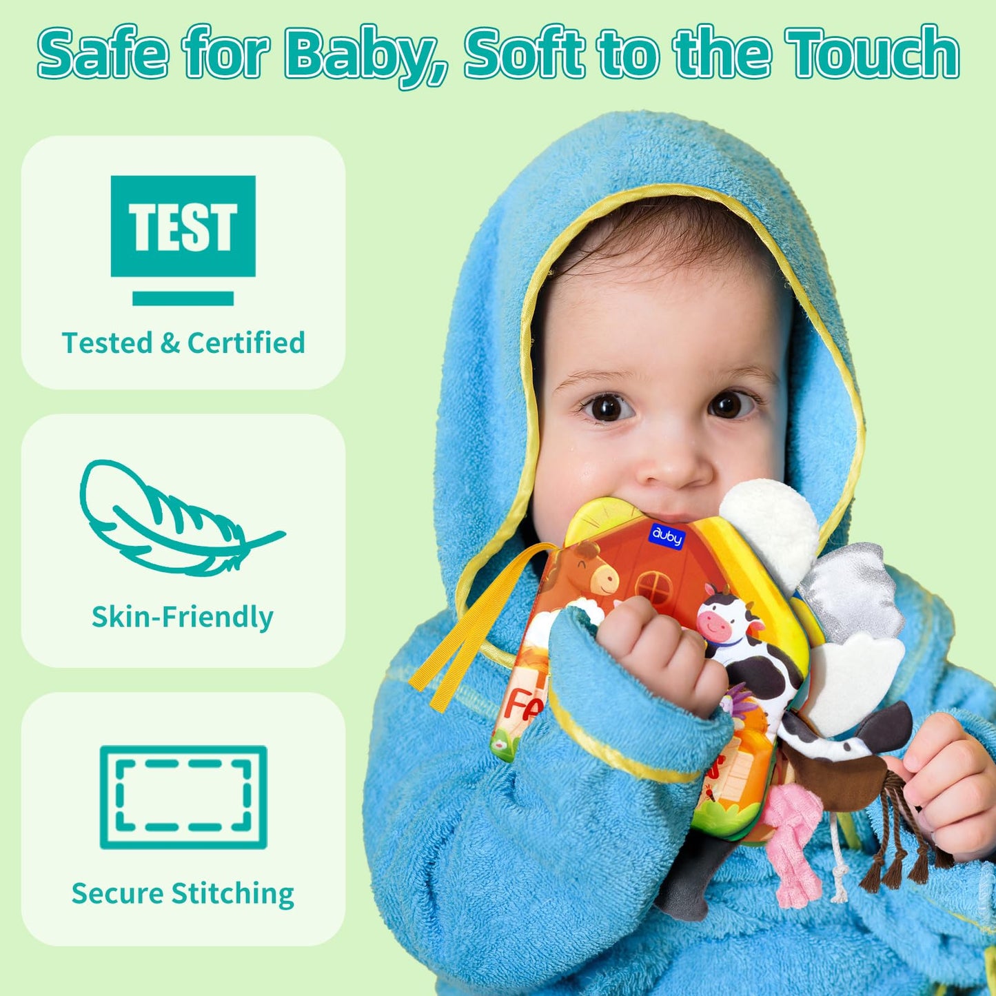 auby Baby Cloth Books - 3 Pack Soft Fabric Books for Babies with Crinkle Sound, Tactile Tails & Montessori Toys, Machine Washable