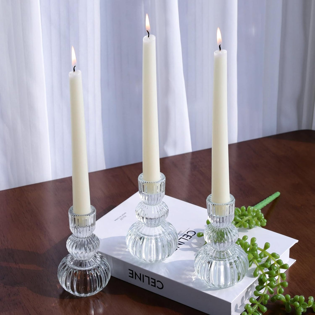Woho Clear Ribbed Candlestick Holders 4.3" H Set of 6 for Wedding Table Centerpiece, Glass Taper Candle Holders for Holiday Home Decor, Vintage Candle Sticks Holder Decor for Thanksgiving Christmas