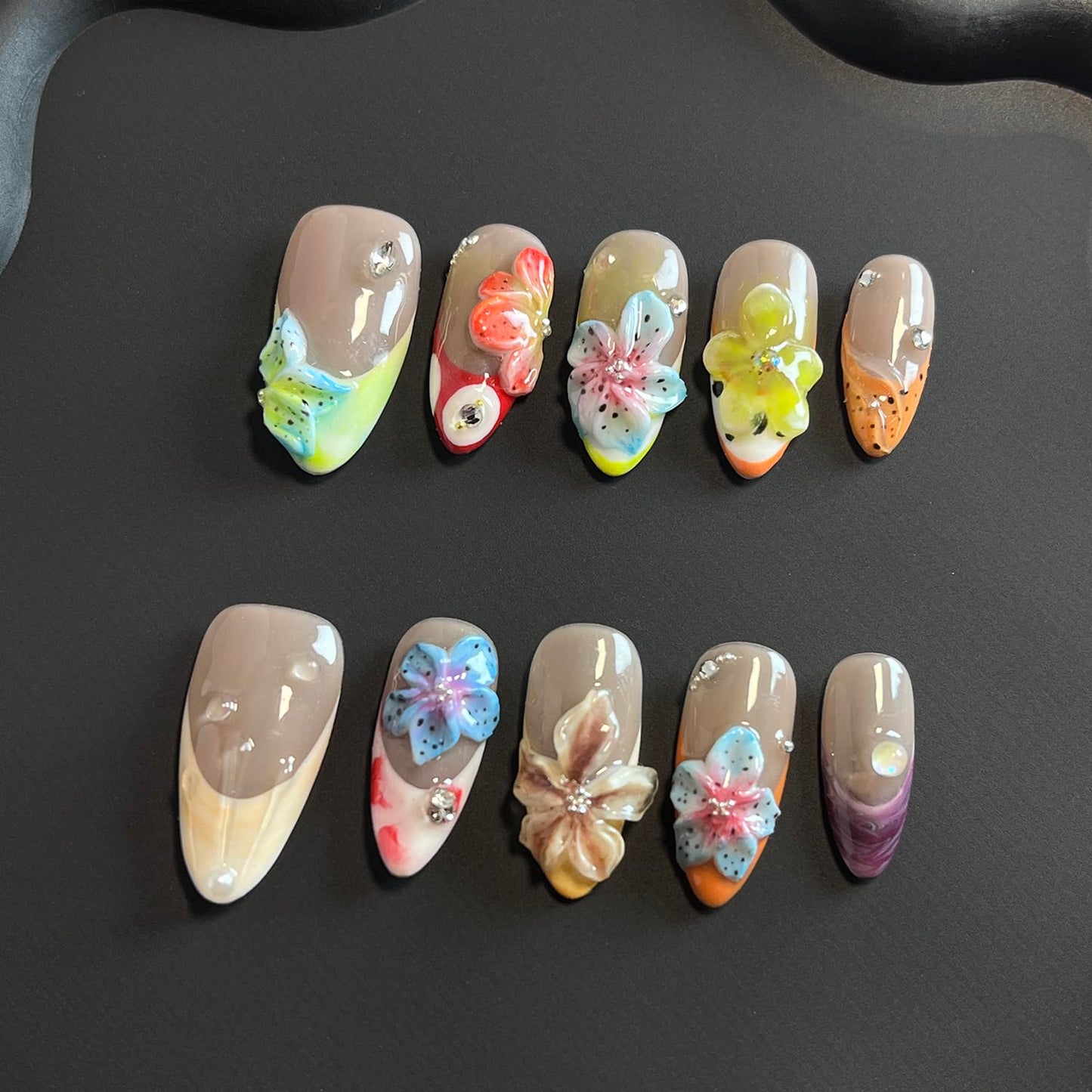 Luxury Press on Nails Medium Almond Handmade 3D Unique Reusable ABS Material Fake Nails French Tip False Nails with Designs Flower Rhinestones Art Petal Glossy Glue on Nails Thick Acrylic Nails(S)